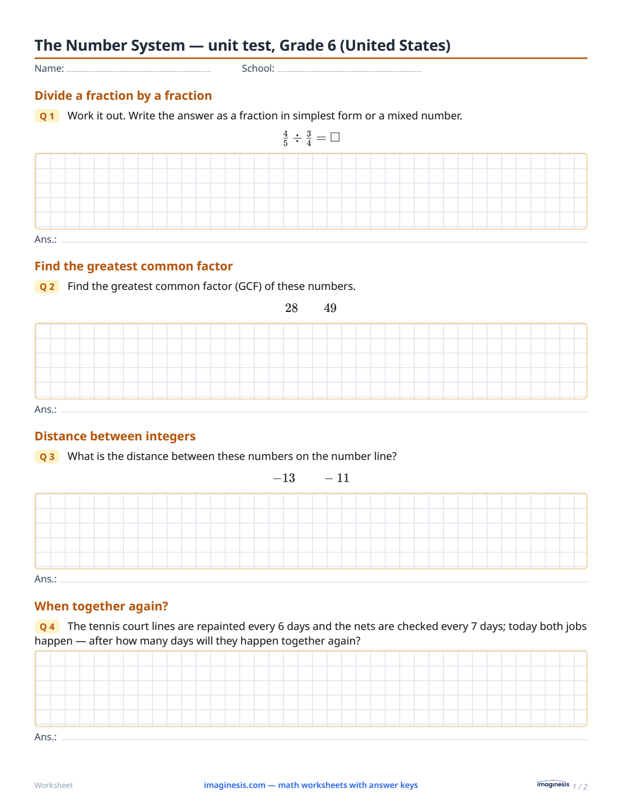 The Number System — unit test, Grade 6 (United States) — Student sheet: printable math worksheet (Grade 6, United States)