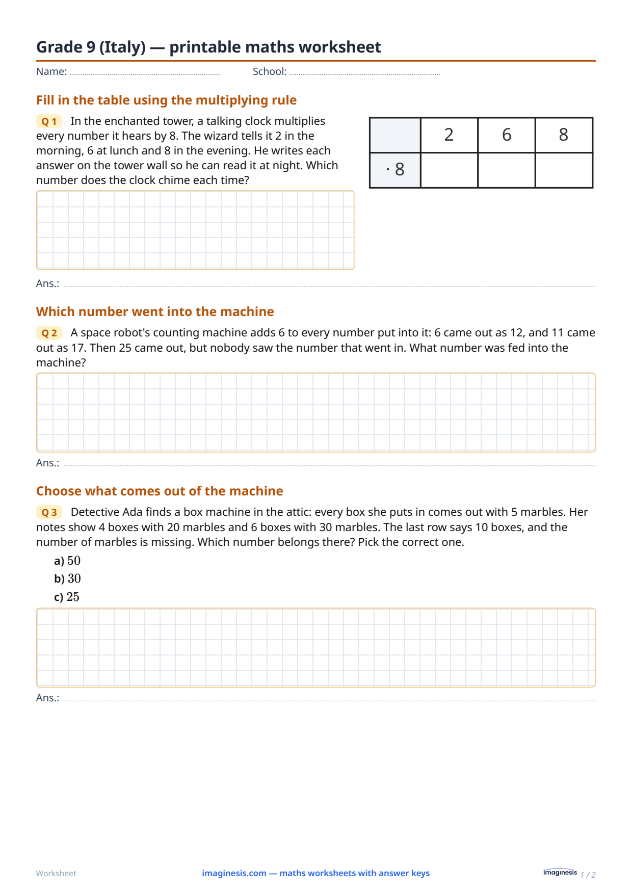 Grade 9 (Italy) — printable math worksheet — Student sheet: printable math worksheet (Grade 9, Italy)