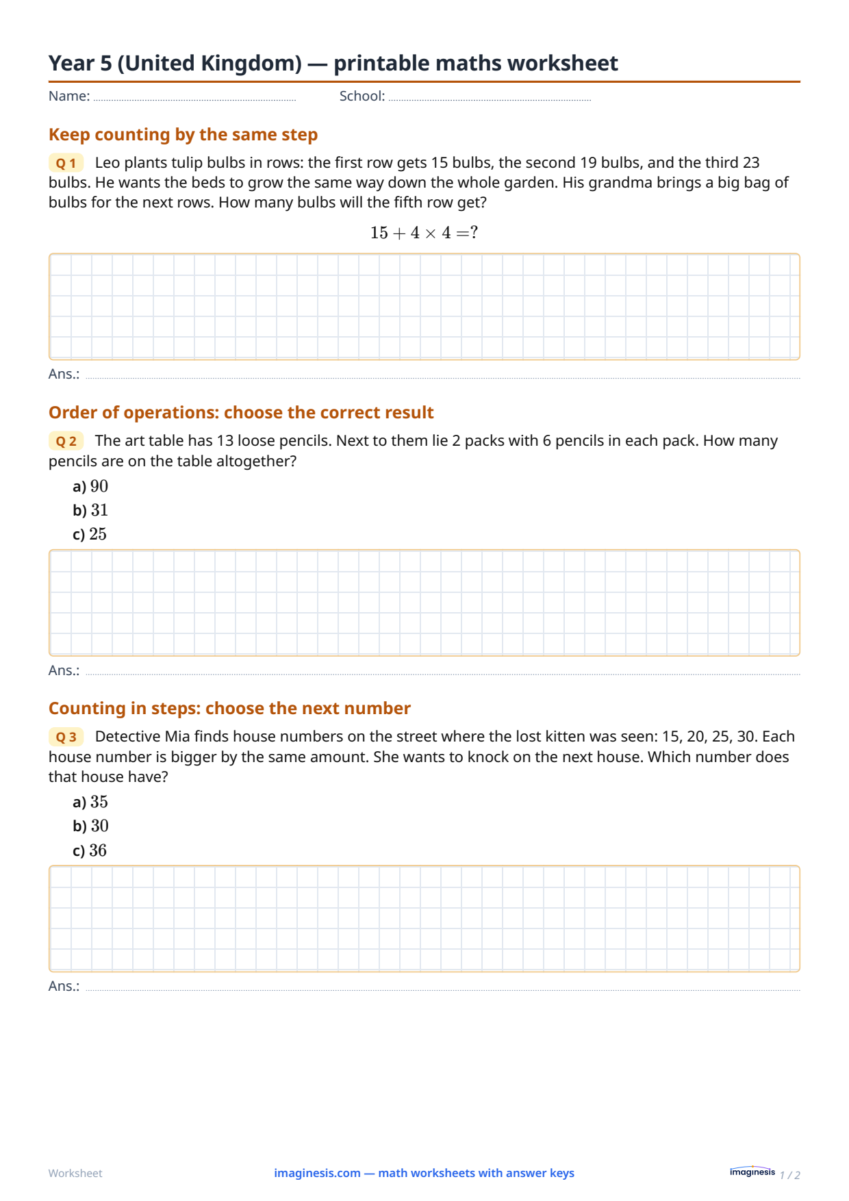 Year 5 (United Kingdom) — printable maths worksheet — Student sheet: printable math worksheet (Year 5, United Kingdom)
