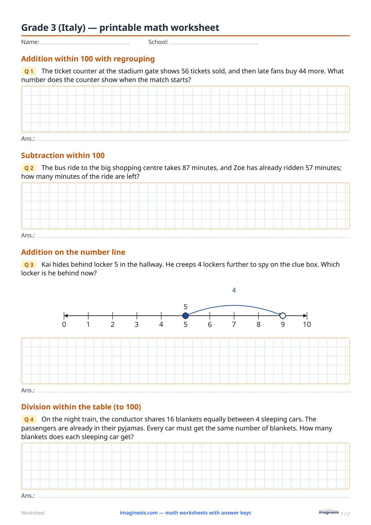 Grade 3 (Italy) — printable math worksheet — Student sheet: printable math worksheet (Grade 3, Italy)