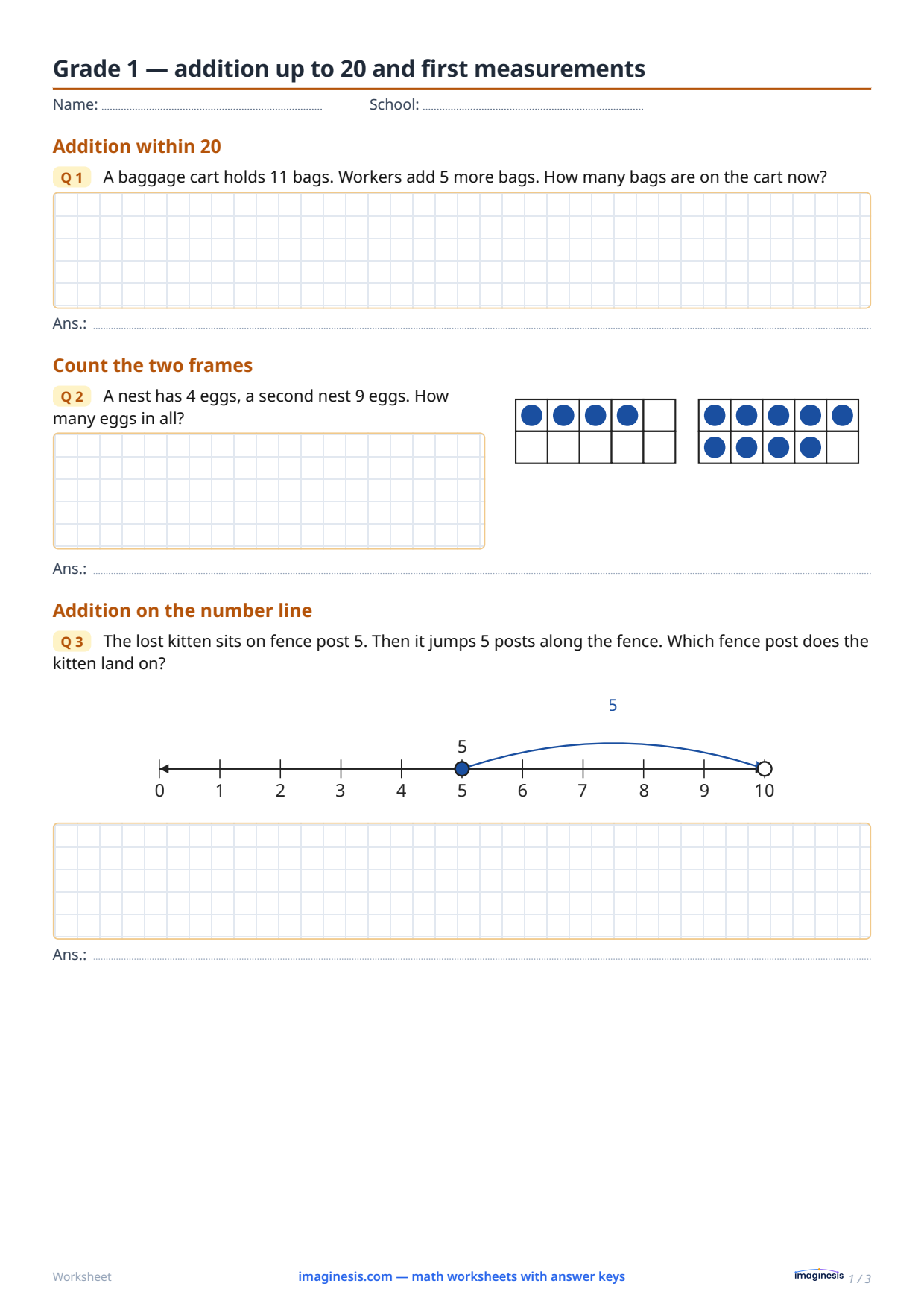 Grade 1 — addition up to 20 and first measurements — Student sheet: printable math worksheet (Grade 1, Poland)