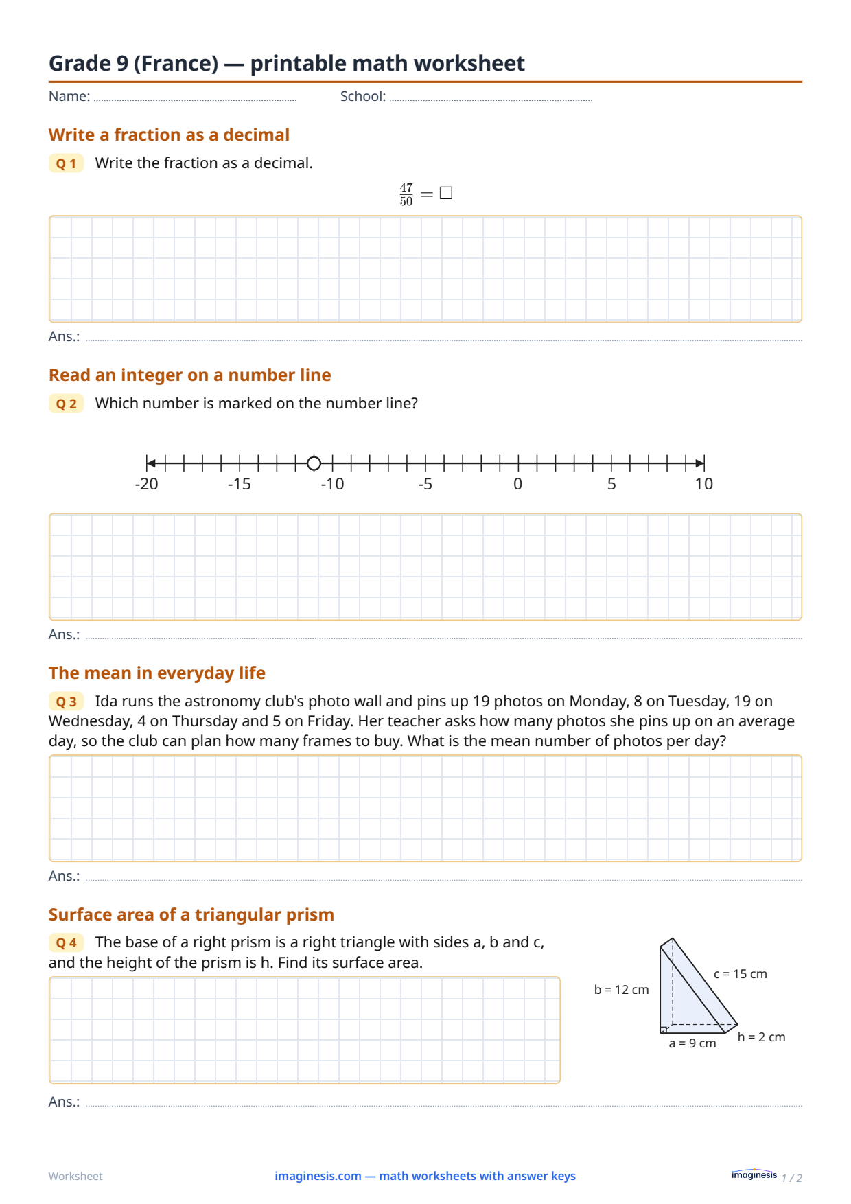 Grade 9 (France) — printable math worksheet — Student sheet: printable math worksheet (Grade 9, France)