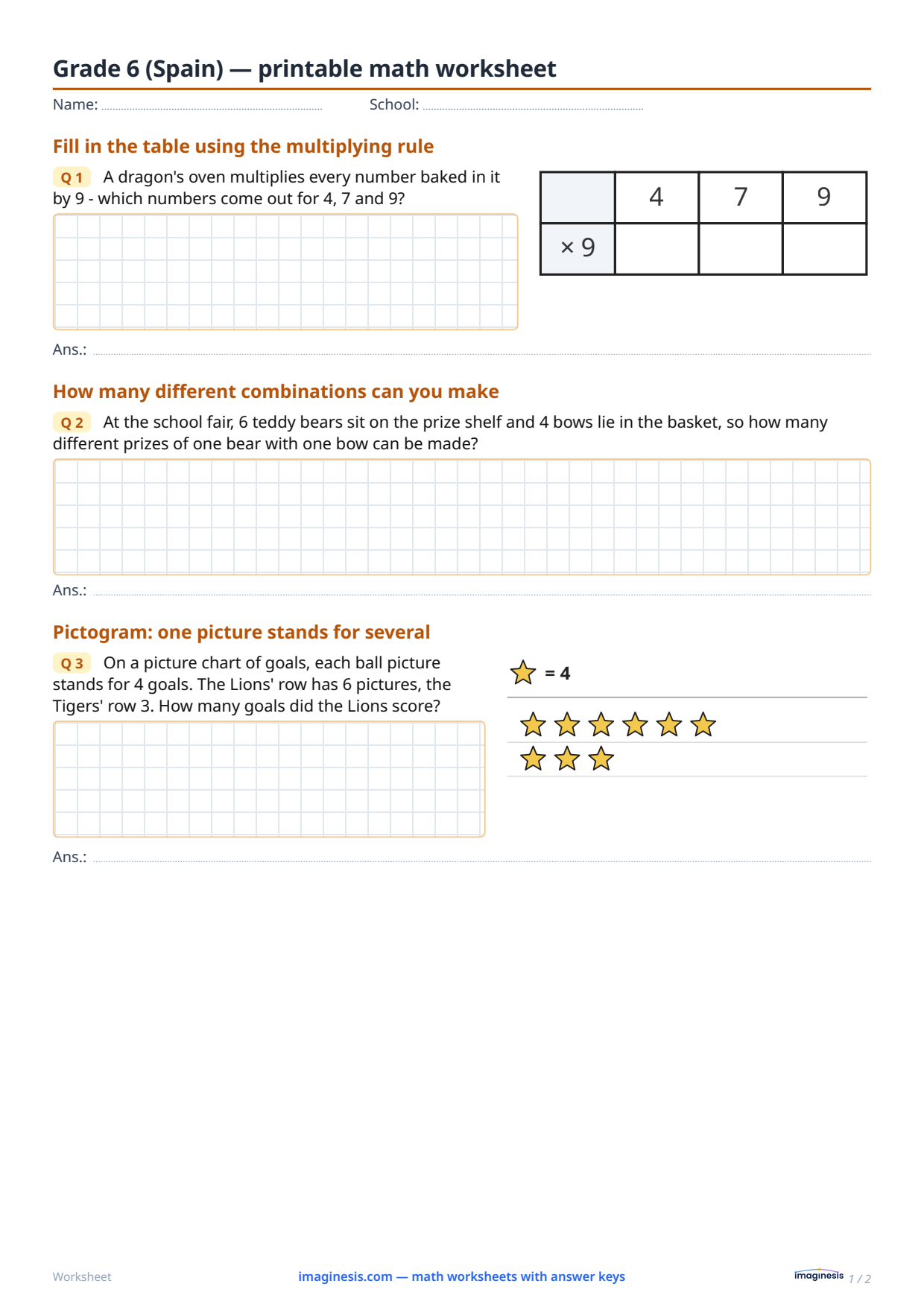 Grade 6 (Spain) — printable math worksheet — Student sheet: printable math worksheet (Grade 6, Spain)