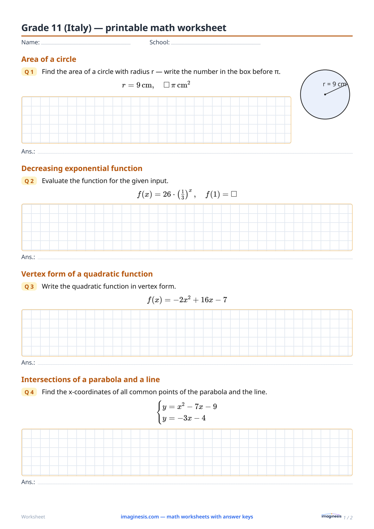 Grade 11 (Italy) — printable math worksheet — Student sheet: printable math worksheet (Grade 11, Italy)