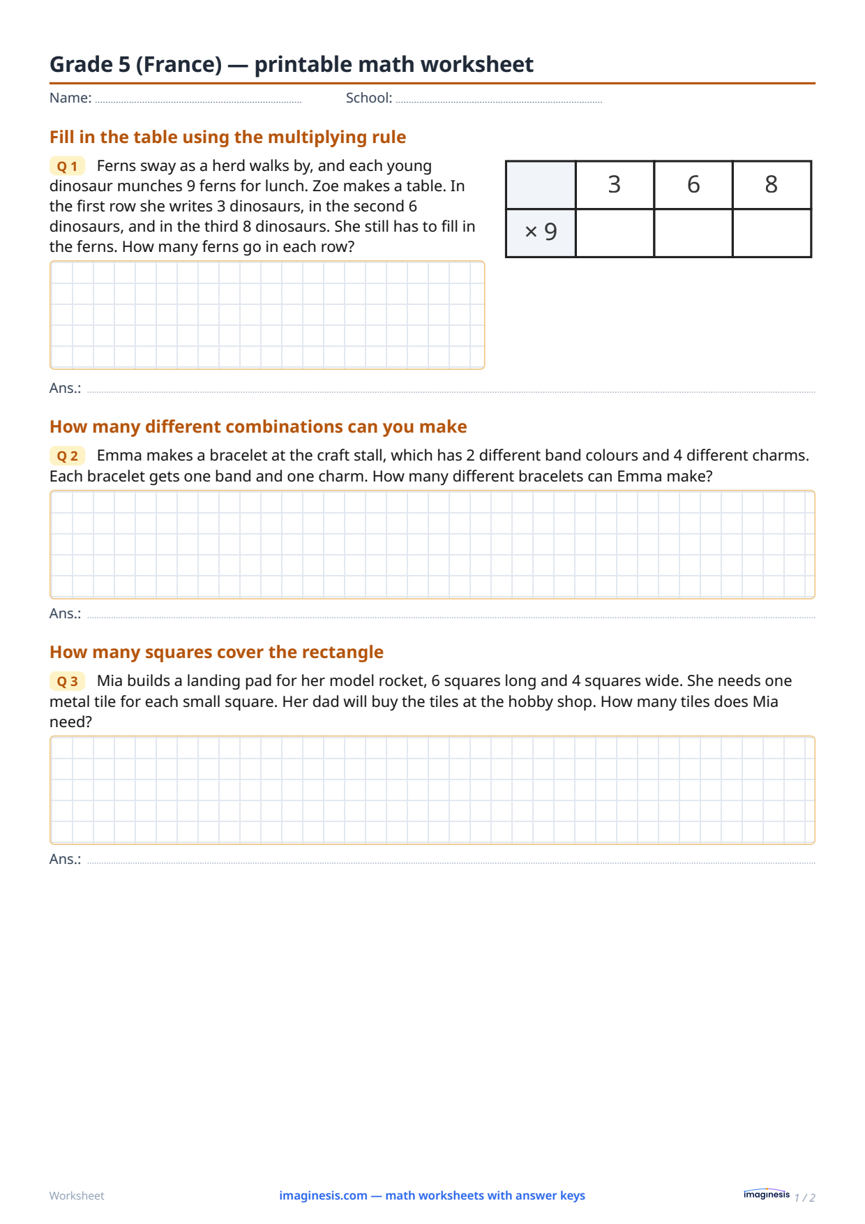 Grade 5 (France) — printable math worksheet — Student sheet: printable math worksheet (Grade 5, France)