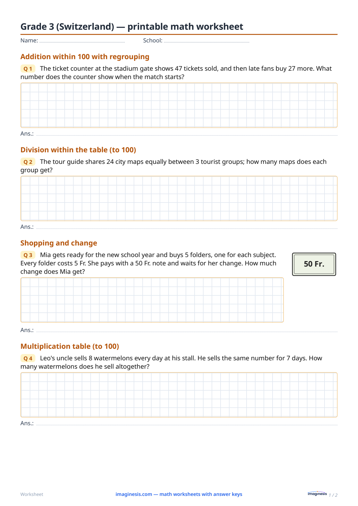 Grade 3 (Switzerland) — printable math worksheet — Student sheet: printable math worksheet (Grade 3, Switzerland)