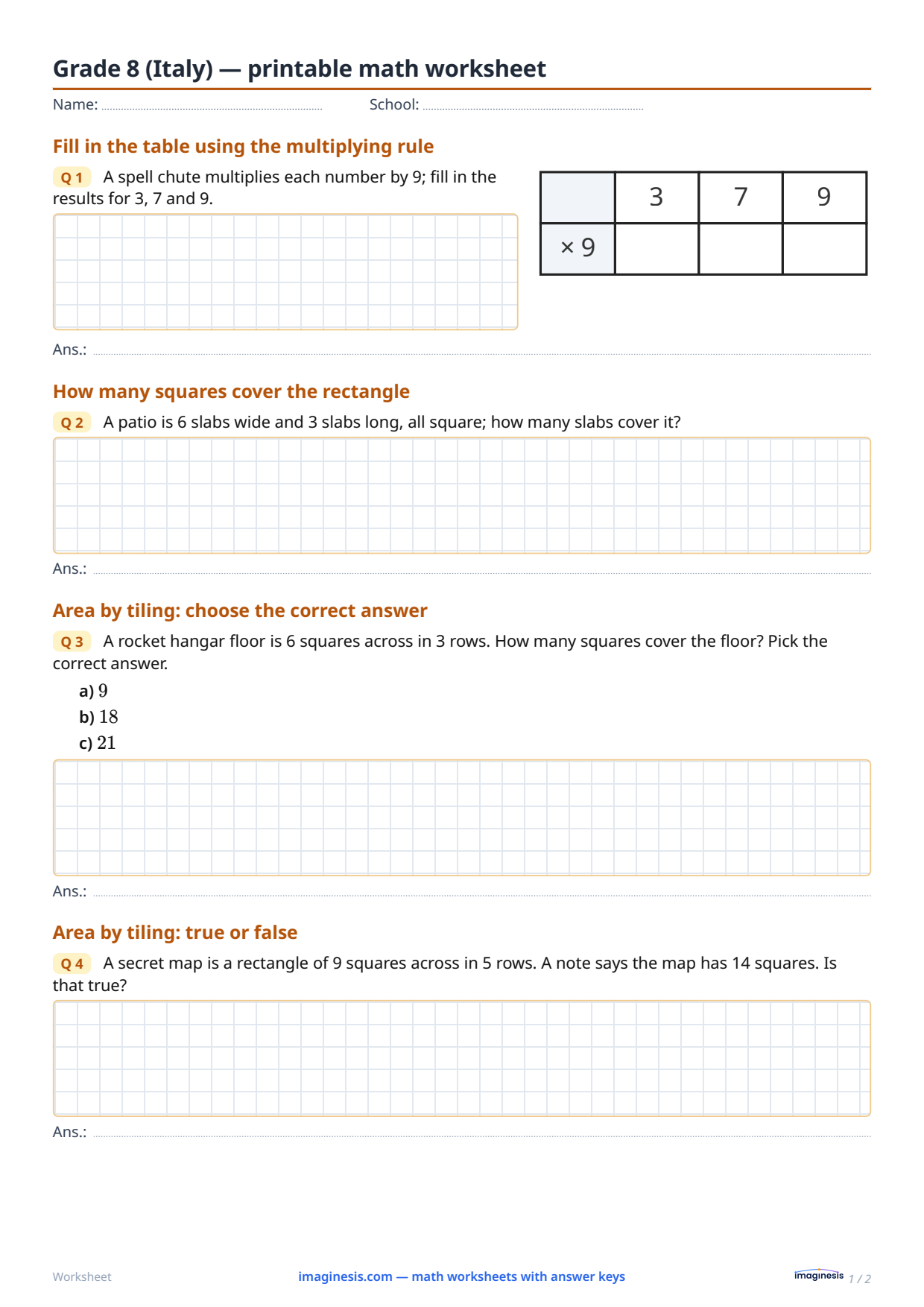 Grade 8 (Italy) — printable math worksheet — Student sheet: printable math worksheet (Grade 8, Italy)