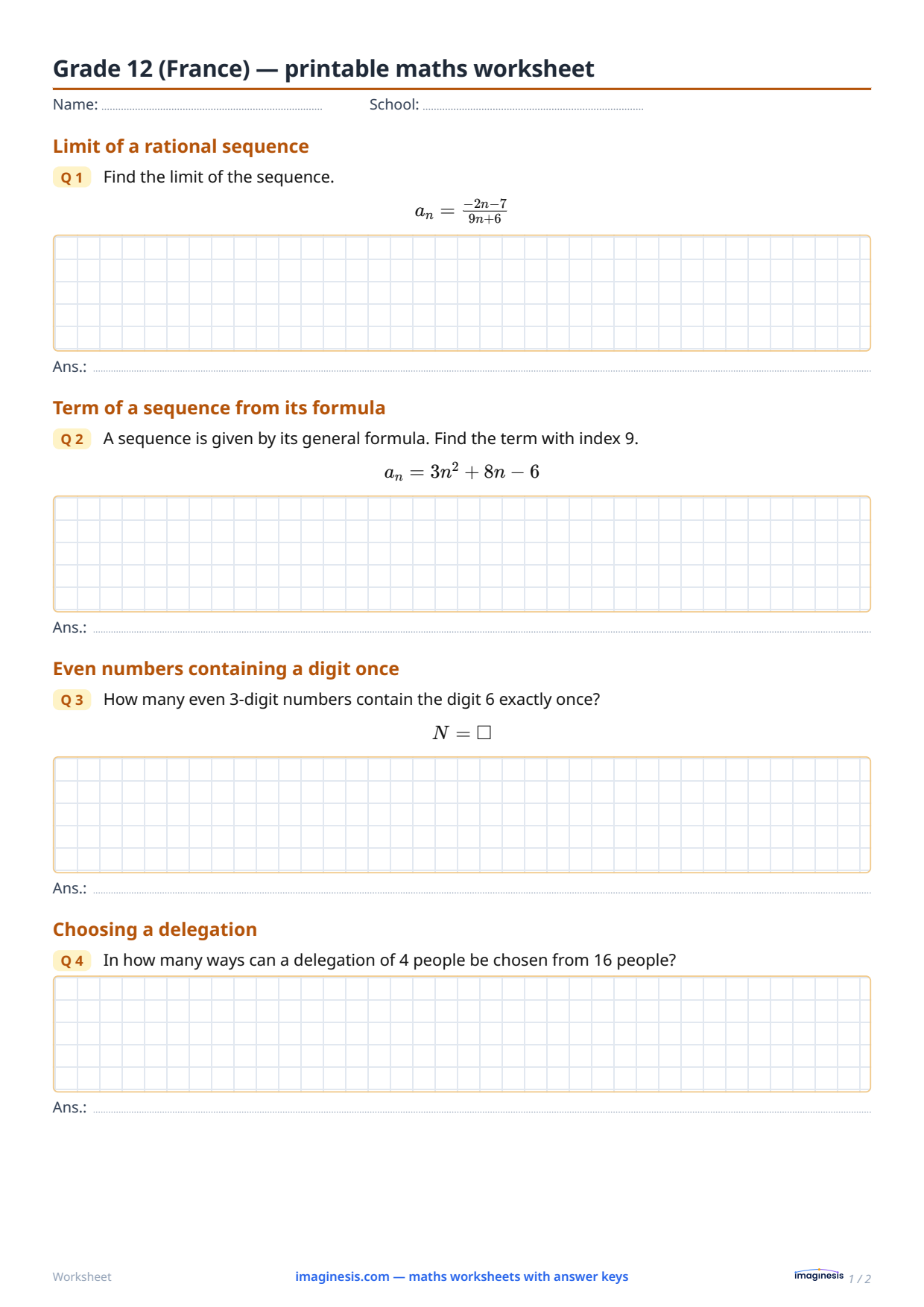 Grade 12 (France) — printable math worksheet — Student sheet: printable math worksheet (Grade 12, France)