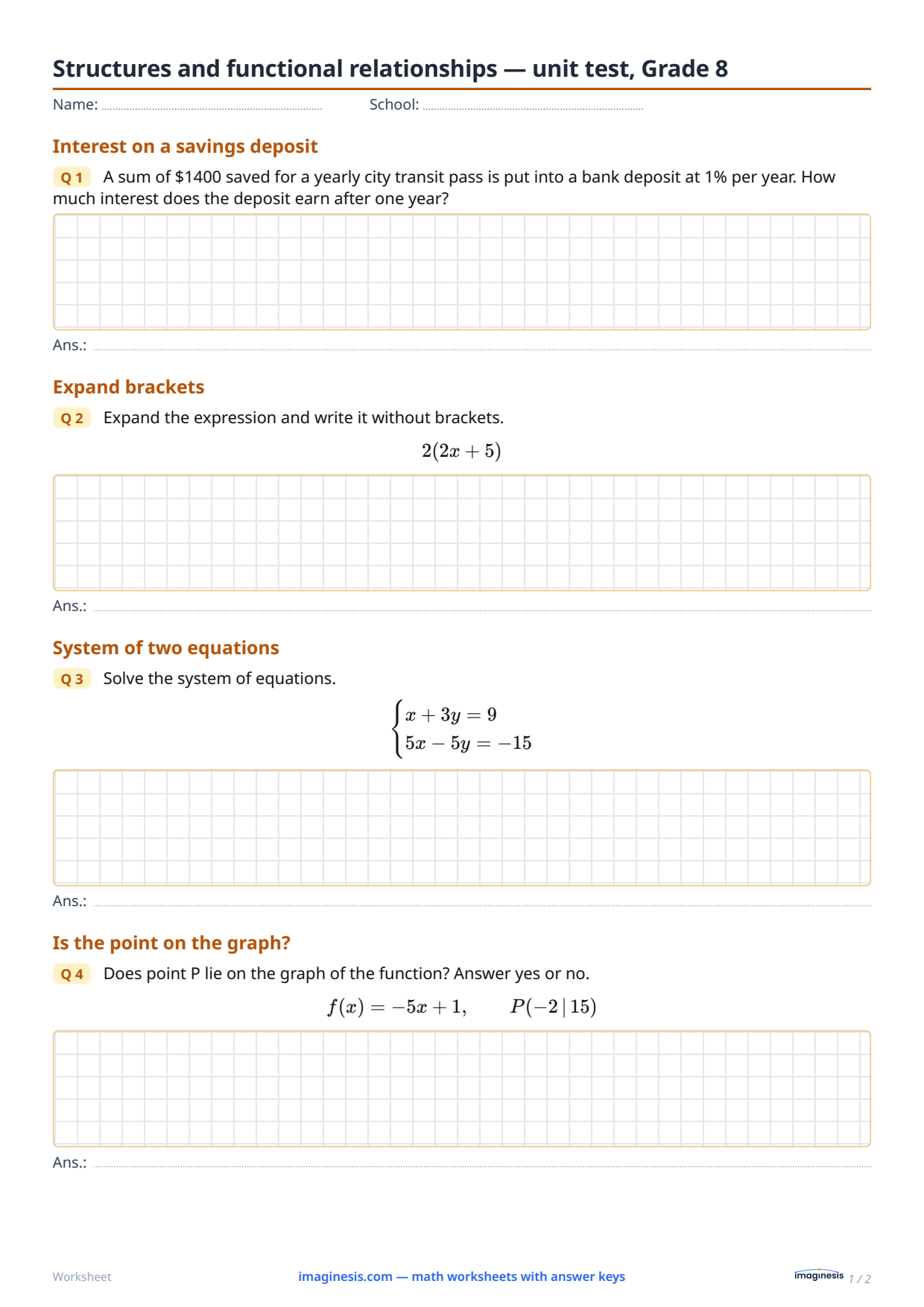 Structures and functional relationships — unit test, Grade 8 — Student sheet: printable math worksheet (Grade 8, Germany)