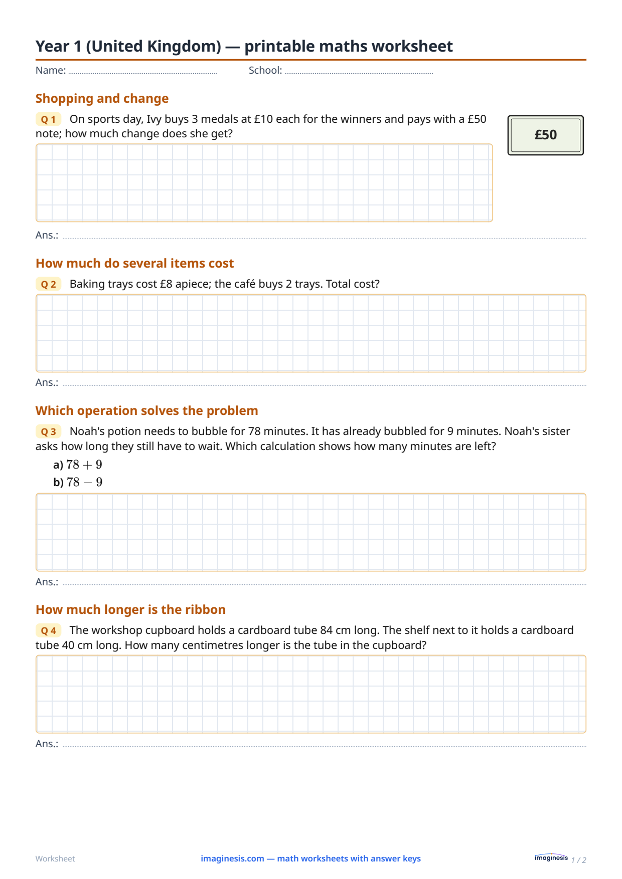 Year 1 (United Kingdom) — printable maths worksheet — Student sheet: printable math worksheet (Year 1, United Kingdom)
