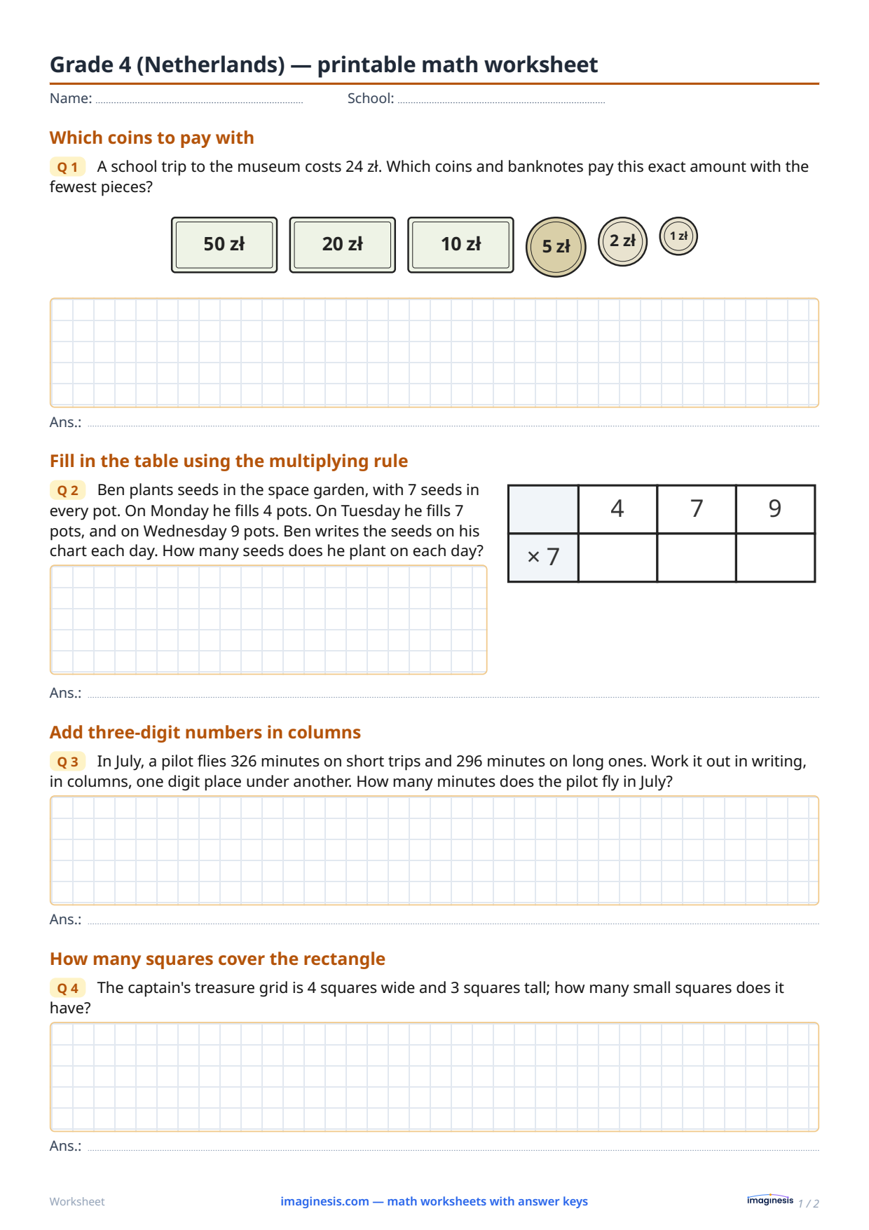 Grade 4 (Netherlands) — printable math worksheet — Student sheet: printable math worksheet (Grade 4, Netherlands)