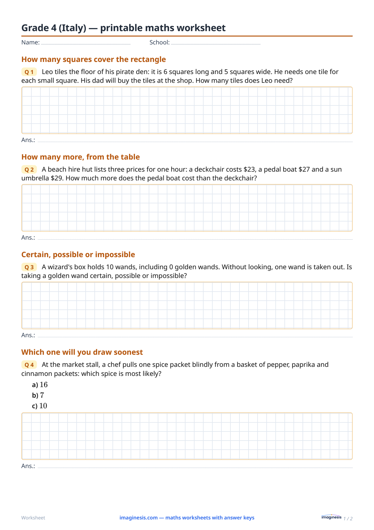 Grade 4 (Italy) — printable math worksheet — Student sheet: printable math worksheet (Grade 4, Italy)