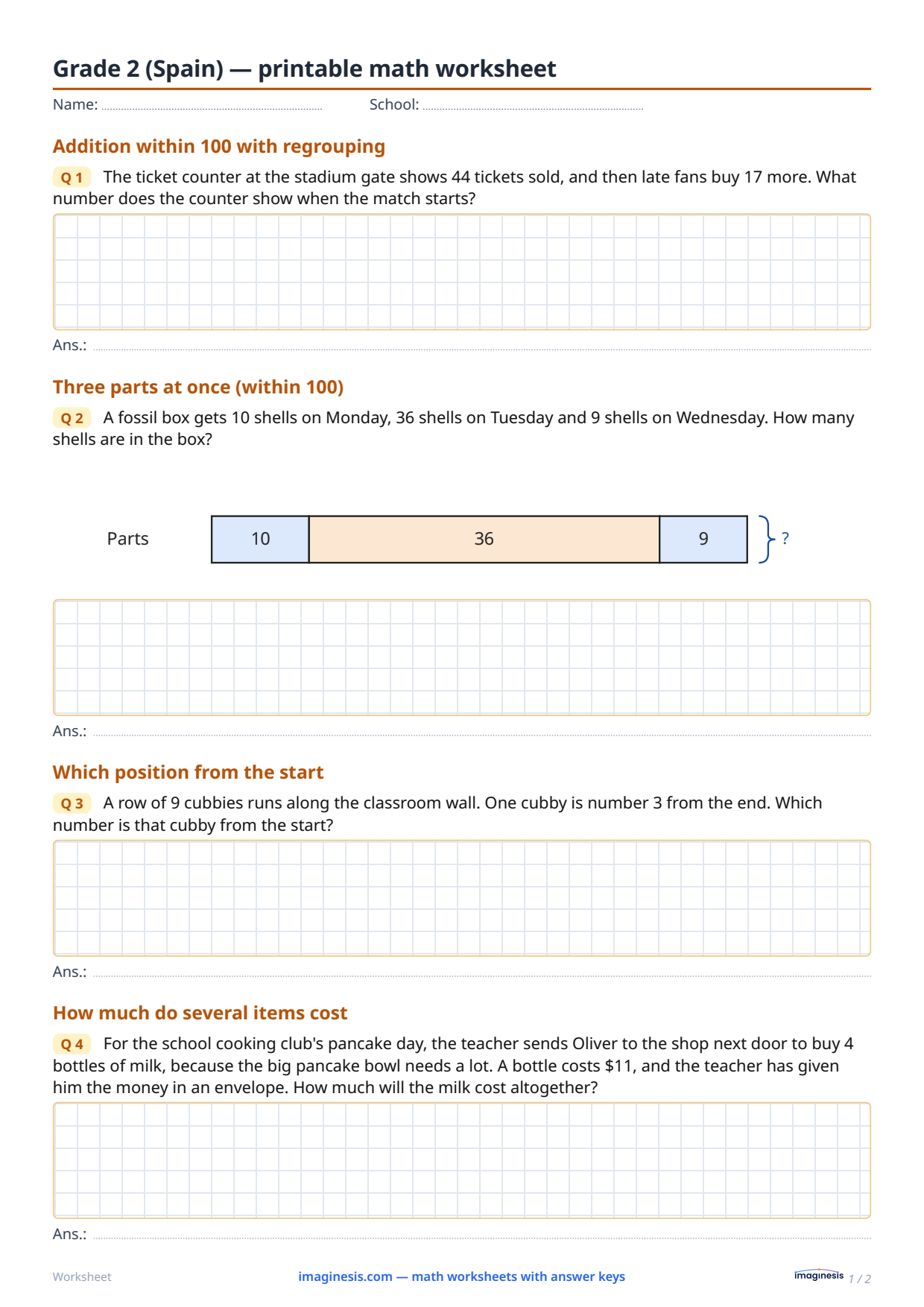 Grade 2 (Spain) — printable math worksheet — Student sheet: printable math worksheet (Grade 2, Spain)