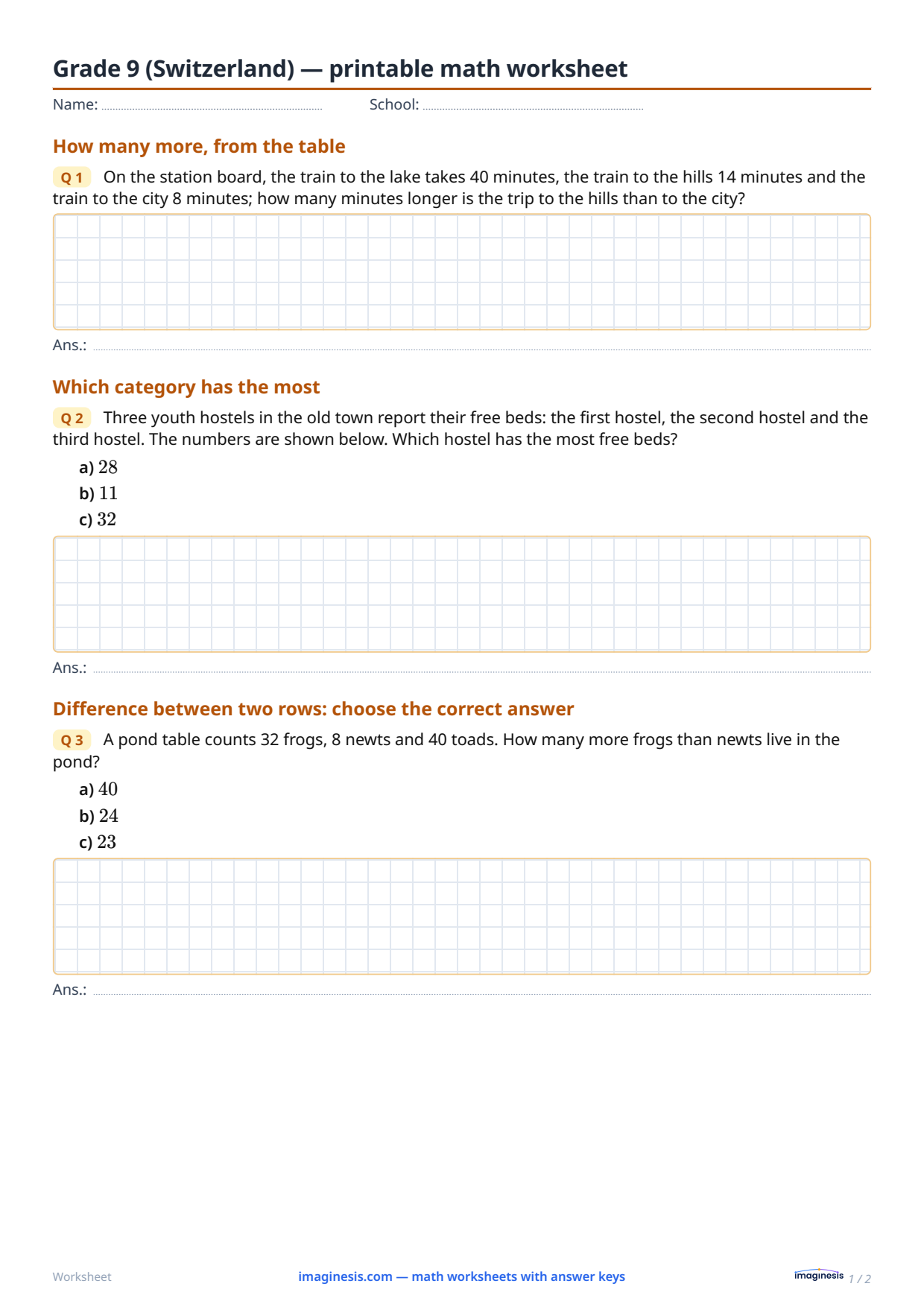 Grade 9 (Switzerland) — printable math worksheet — Student sheet: printable math worksheet (Grade 9, Switzerland)