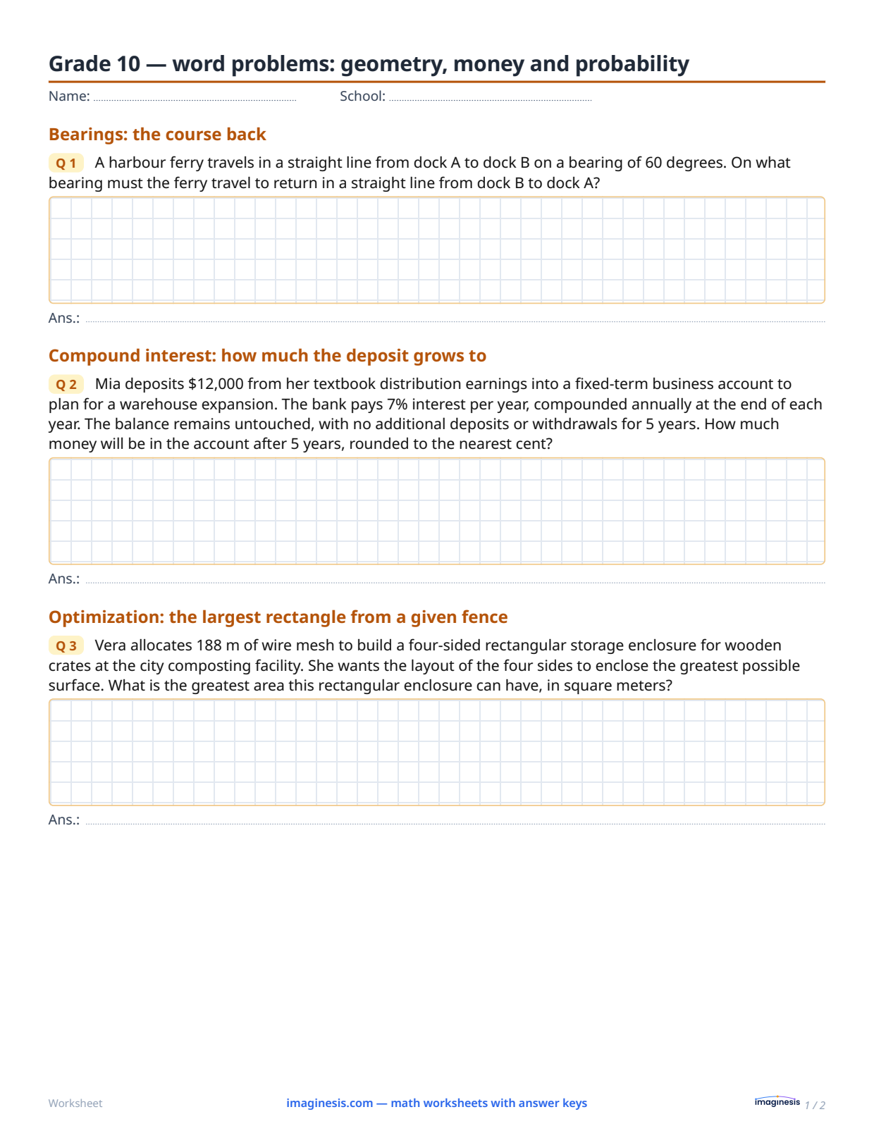 Grade 10 — word problems: geometry, money and probability — Student sheet: printable math worksheet (Grade 10, United States)