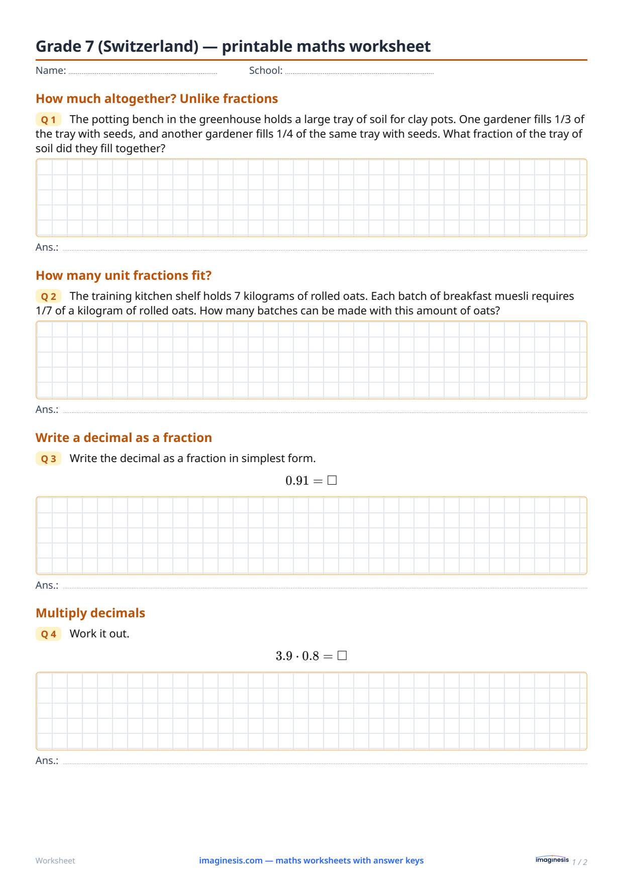 Grade 7 (Switzerland) — printable maths worksheet — Student sheet: printable maths worksheet (Grade 7, Switzerland)