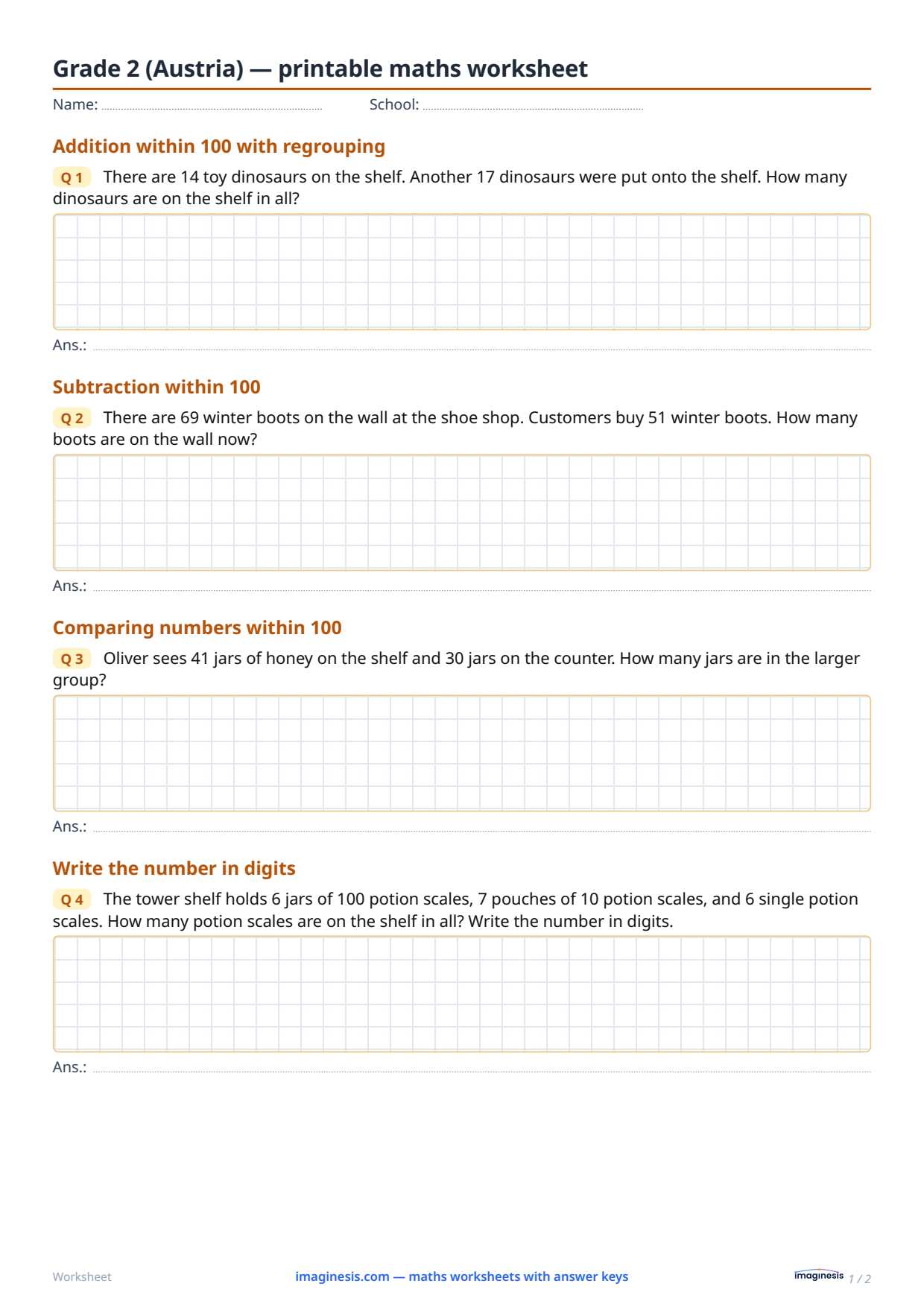 Grade 2 (Austria) — printable maths worksheet — Student sheet: printable maths worksheet (Grade 2, Austria)