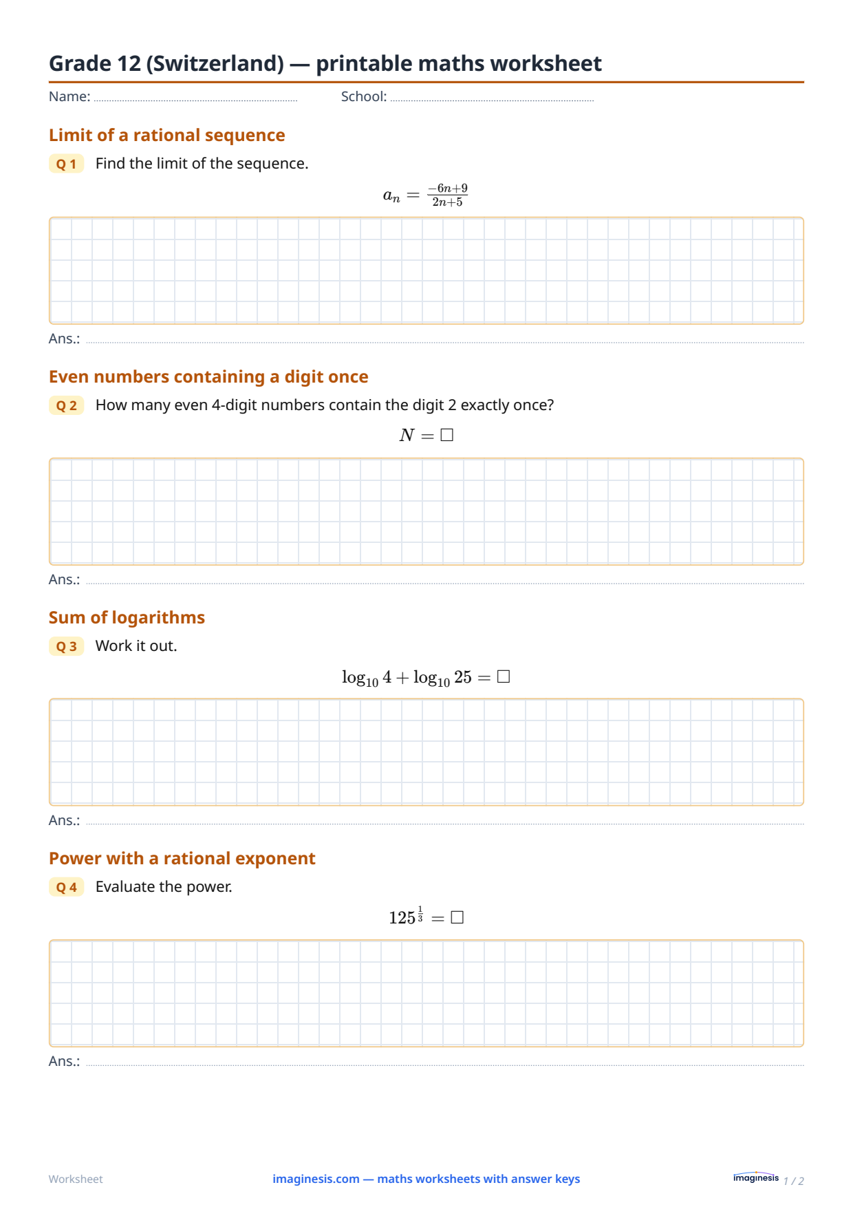 Grade 12 (Switzerland) — printable maths worksheet — Student sheet: printable maths worksheet (Grade 12, Switzerland)