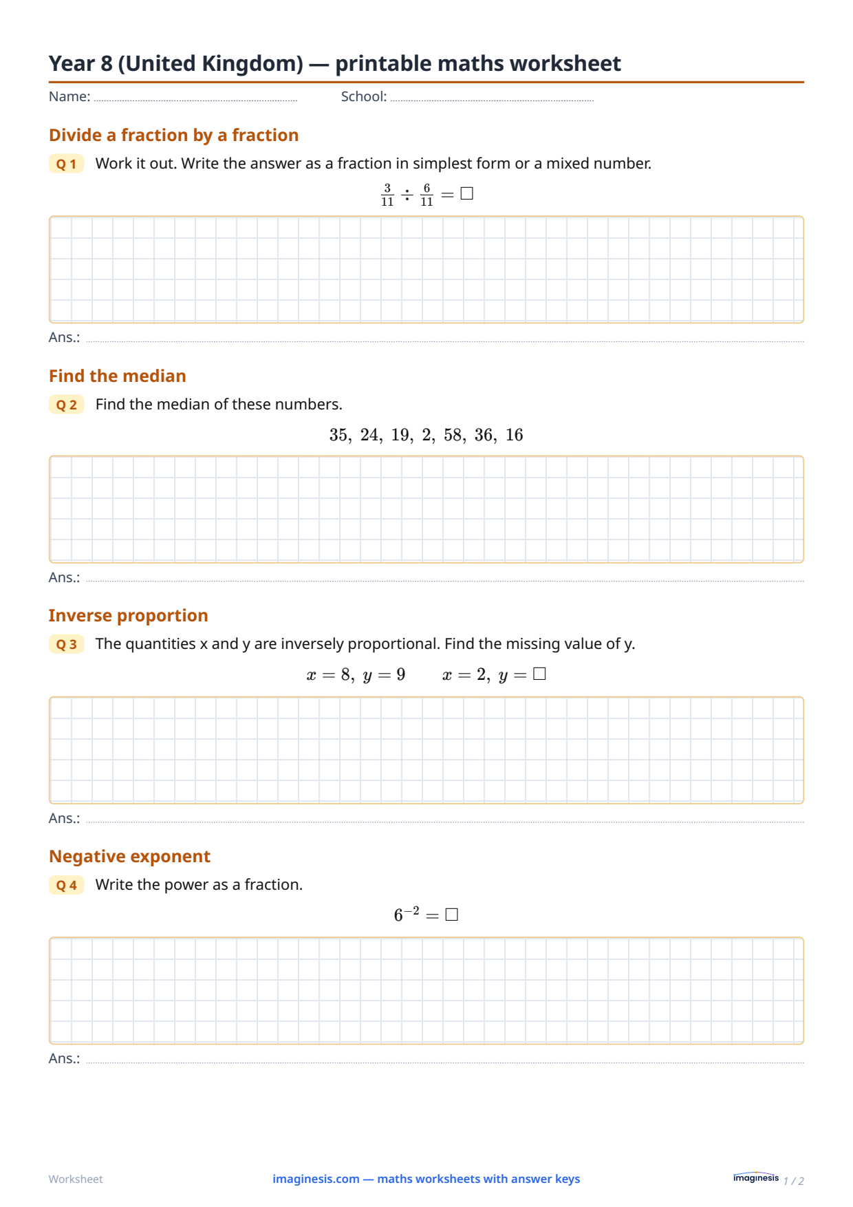 Year 8 (United Kingdom) — printable maths worksheet — Student sheet: printable maths worksheet (Year 8, United Kingdom)