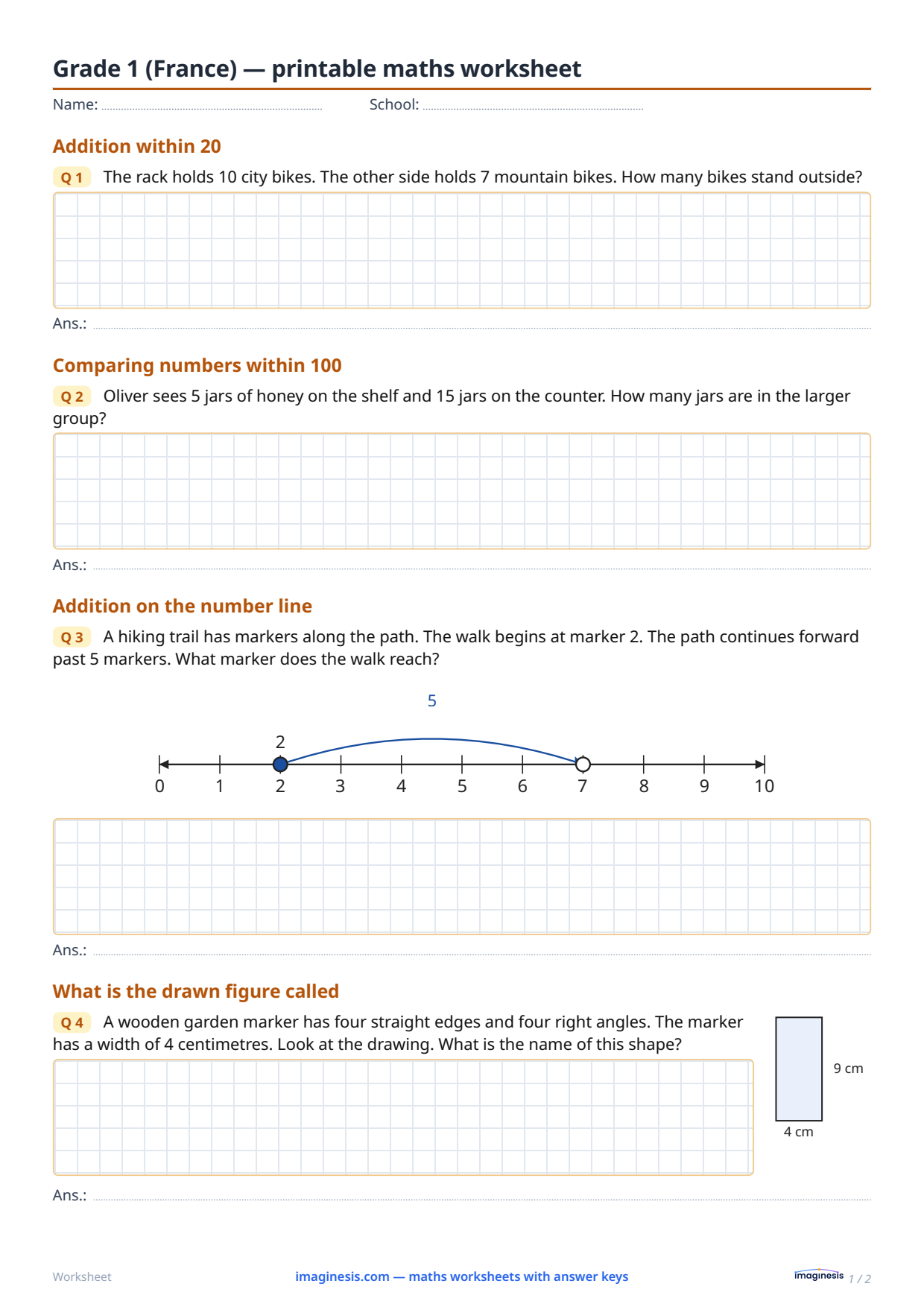 Grade 1 (France) — printable maths worksheet — Student sheet: printable maths worksheet (Grade 1, France)
