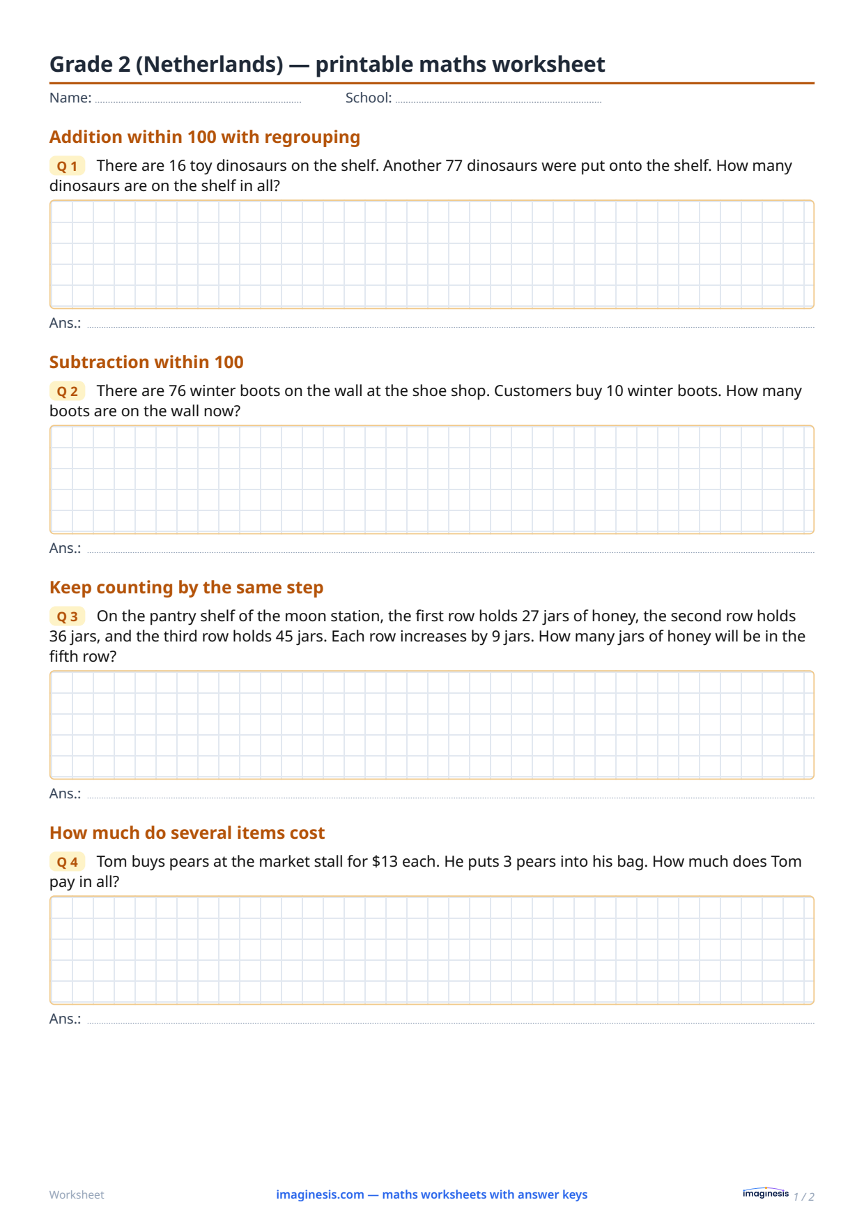 Grade 2 (Netherlands) — printable maths worksheet — Student sheet: printable maths worksheet (Grade 2, Netherlands)