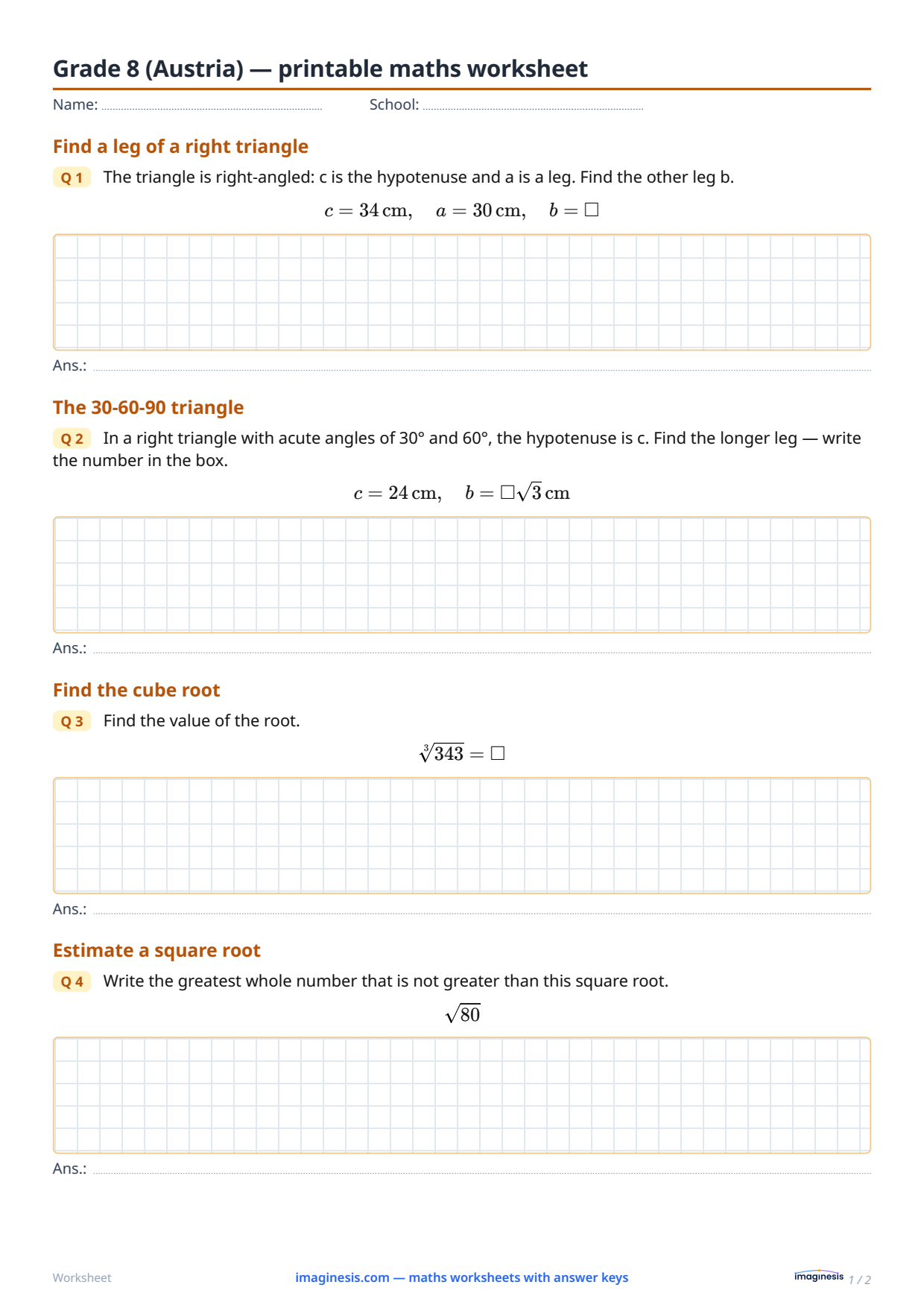 Grade 8 (Austria) — printable maths worksheet — Student sheet: printable maths worksheet (Grade 8, Austria)