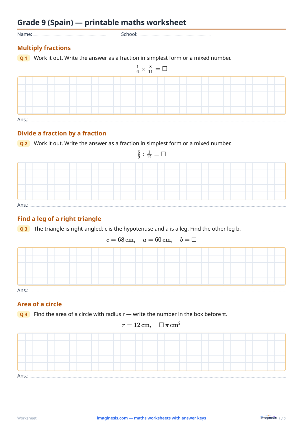 Grade 9 (Spain) — printable maths worksheet — Student sheet: printable maths worksheet (Grade 9, Spain)