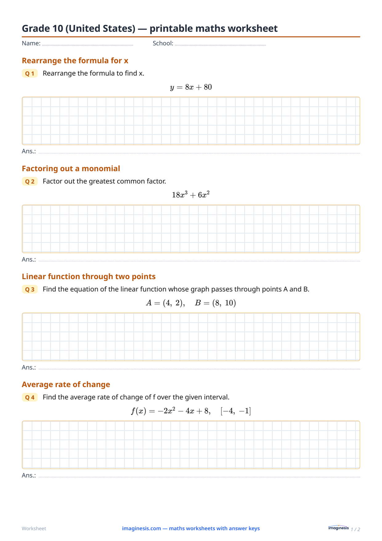 Grade 10 (United States) — printable maths worksheet — Student sheet: printable maths worksheet (Grade 10, United States)