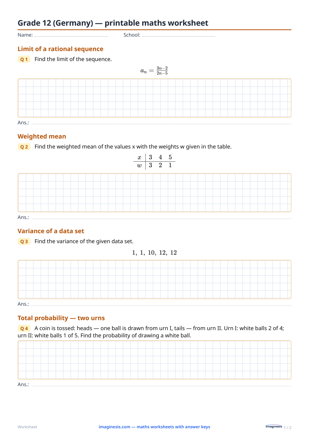 Grade 12 (Germany) — printable maths worksheet — Student sheet: printable maths worksheet (Grade 12, Germany)