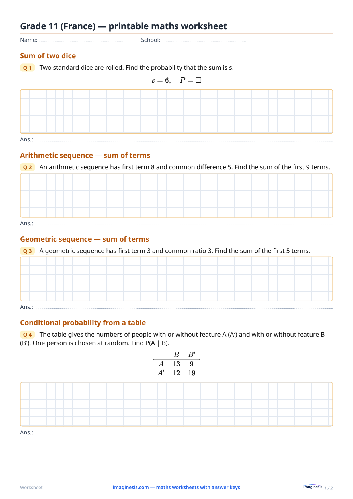 Grade 11 (France) — printable maths worksheet — Student sheet: printable maths worksheet (Grade 11, France)