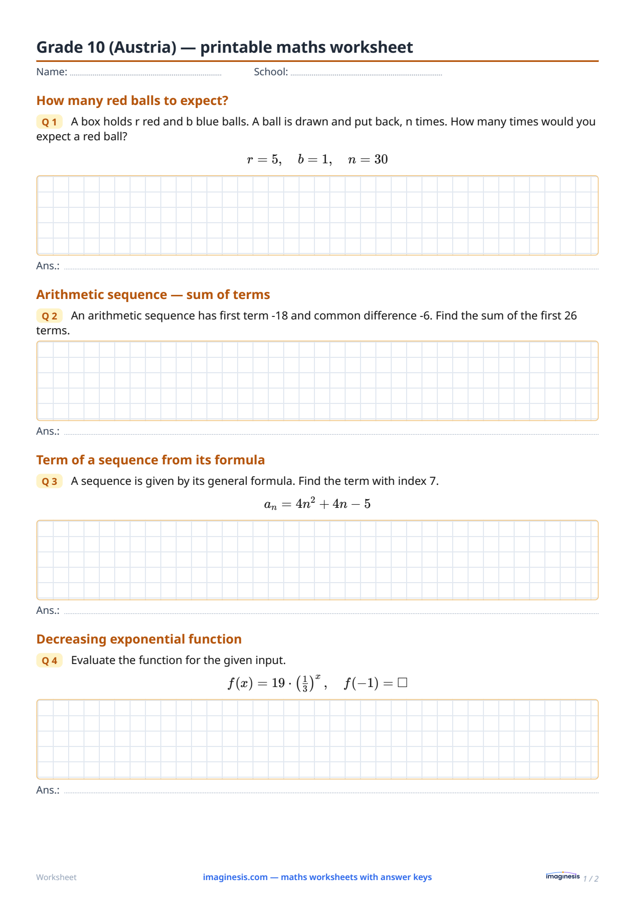 Grade 10 (Austria) — printable maths worksheet — Student sheet: printable maths worksheet (Grade 10, Austria)