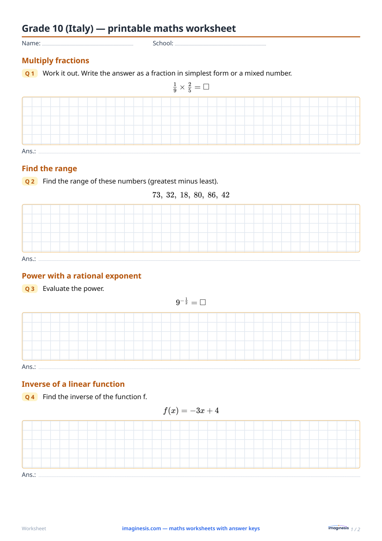 Grade 10 (Italy) — printable maths worksheet — Student sheet: printable maths worksheet (Grade 10, Italy)