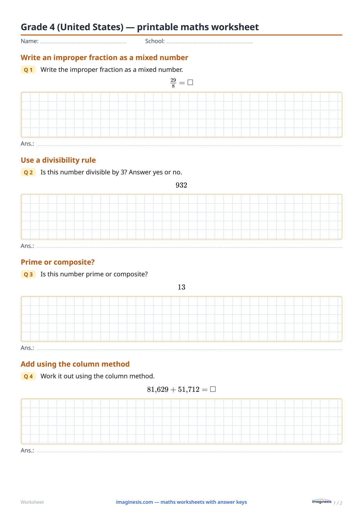 Grade 4 (United States) — printable maths worksheet — Student sheet: printable maths worksheet (Grade 4, United States)
