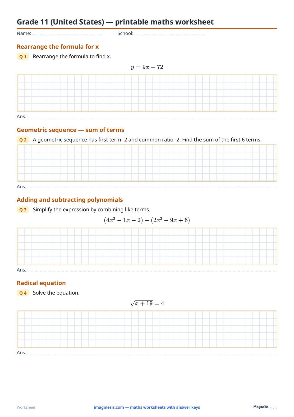 Grade 11 (United States) — printable maths worksheet — Student sheet: printable maths worksheet (Grade 11, United States)