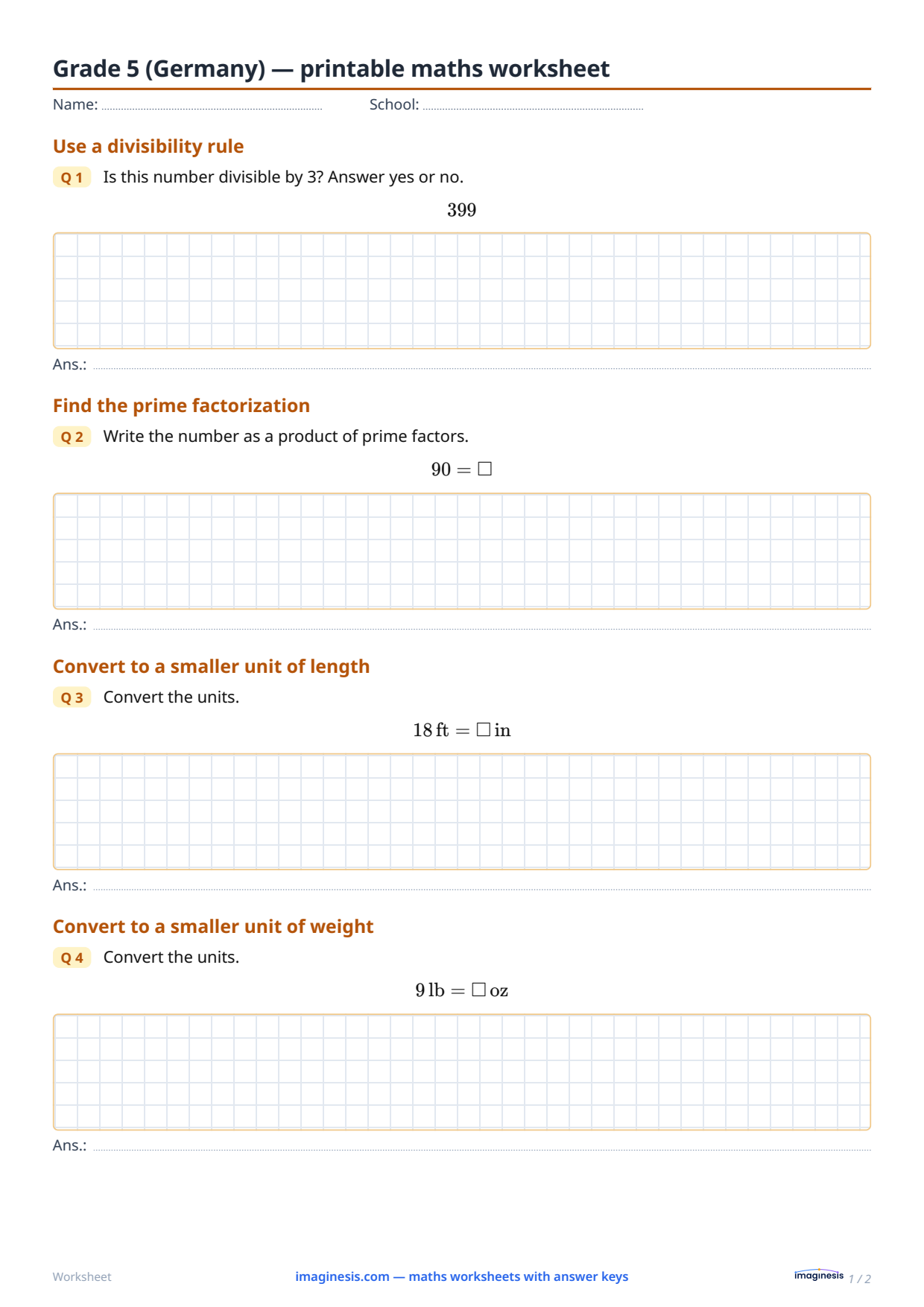 Grade 5 (Germany) — printable maths worksheet — Student sheet: printable maths worksheet (Grade 5, Germany)