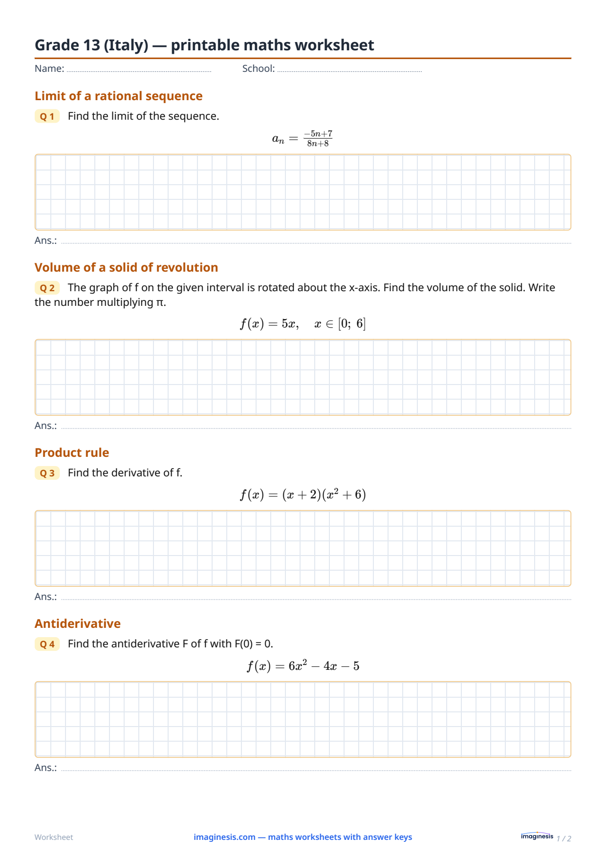 Grade 13 (Italy) — printable maths worksheet — Student sheet: printable maths worksheet (Grade 13, Italy)
