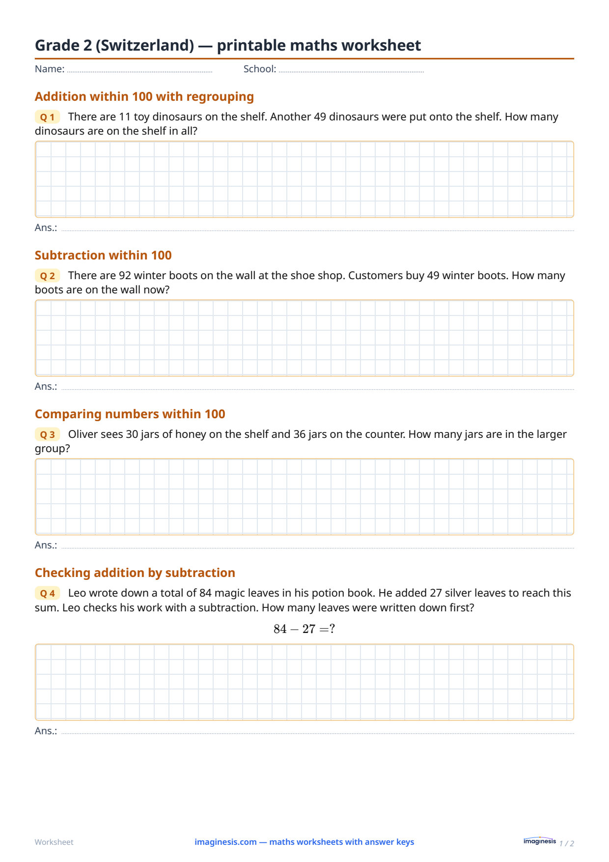 Grade 2 (Switzerland) — printable maths worksheet — Student sheet: printable maths worksheet (Grade 2, Switzerland)