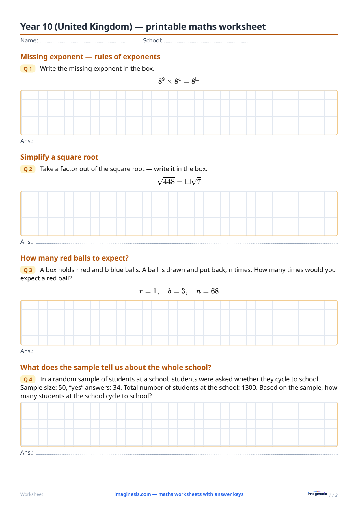 Year 10 (United Kingdom) — printable maths worksheet — Student sheet: printable maths worksheet (Year 10, United Kingdom)