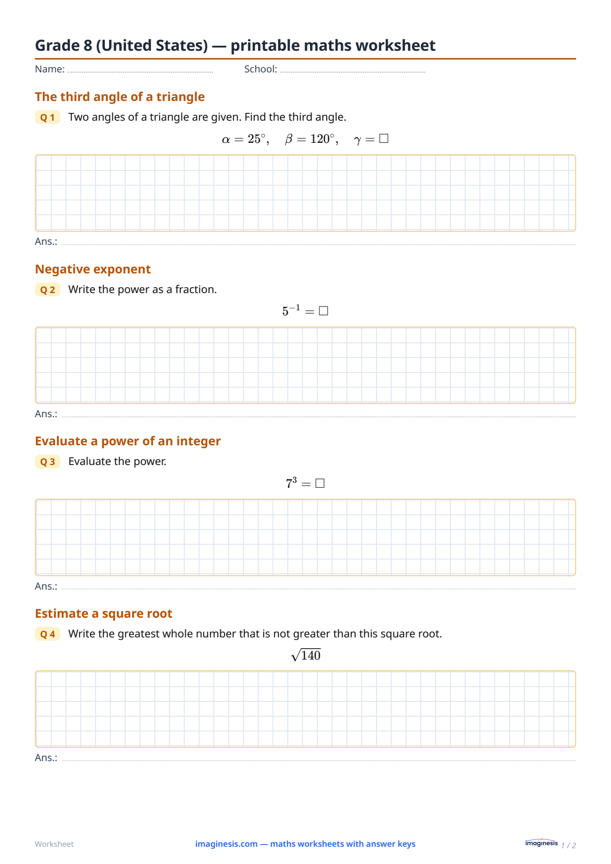 Grade 8 (United States) — printable maths worksheet — Student sheet: printable maths worksheet (Grade 8, United States)