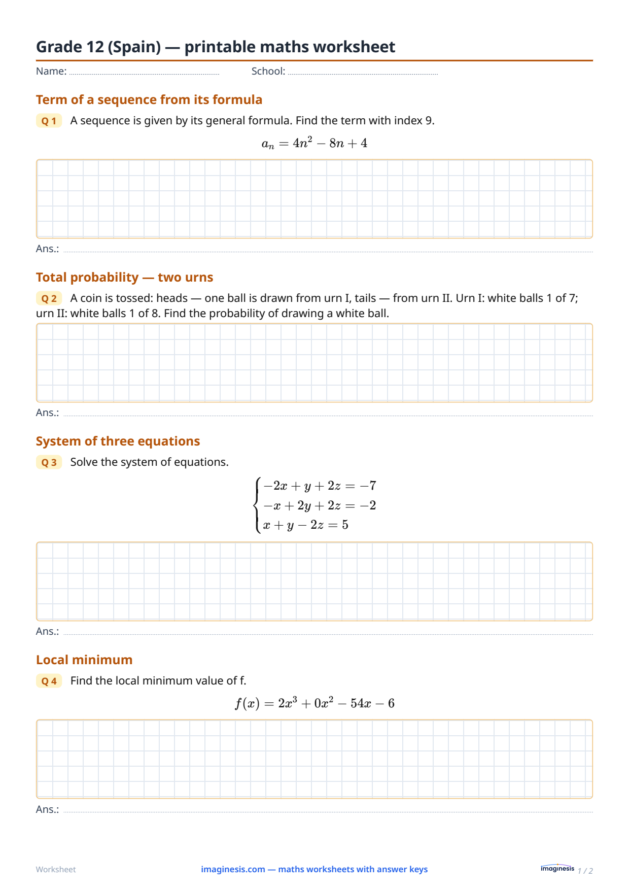 Grade 12 (Spain) — printable maths worksheet — Student sheet: printable maths worksheet (Grade 12, Spain)