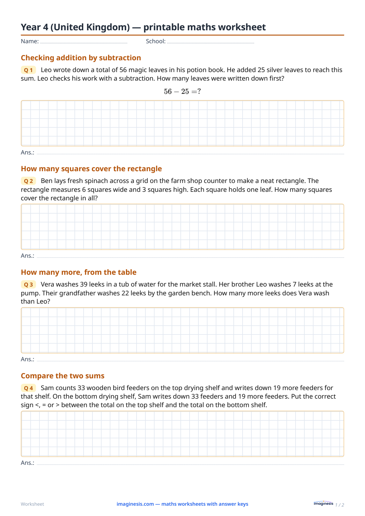 Year 4 (United Kingdom) — printable maths worksheet — Student sheet: printable maths worksheet (Year 4, United Kingdom)