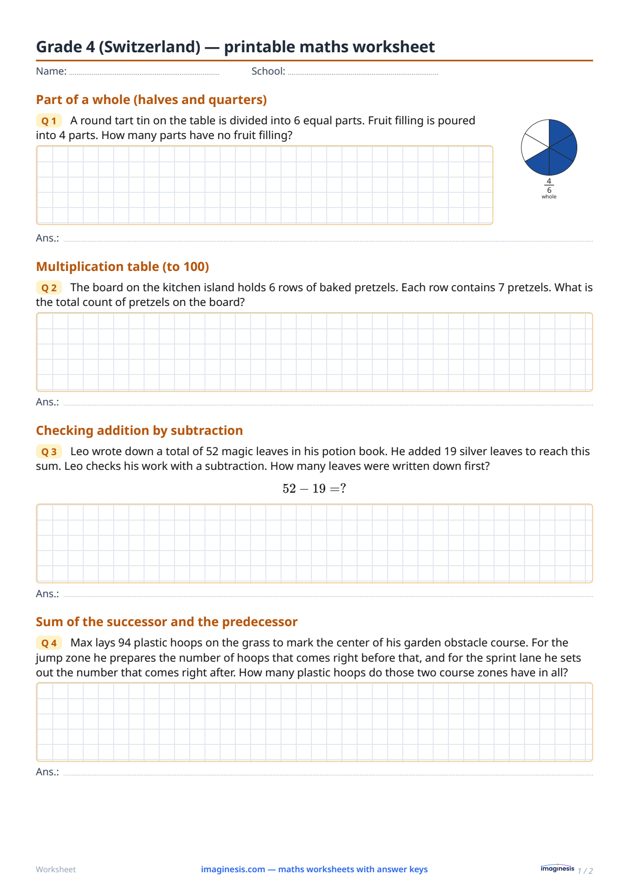 Grade 4 (Switzerland) — printable maths worksheet — Student sheet: printable maths worksheet (Grade 4, Switzerland)