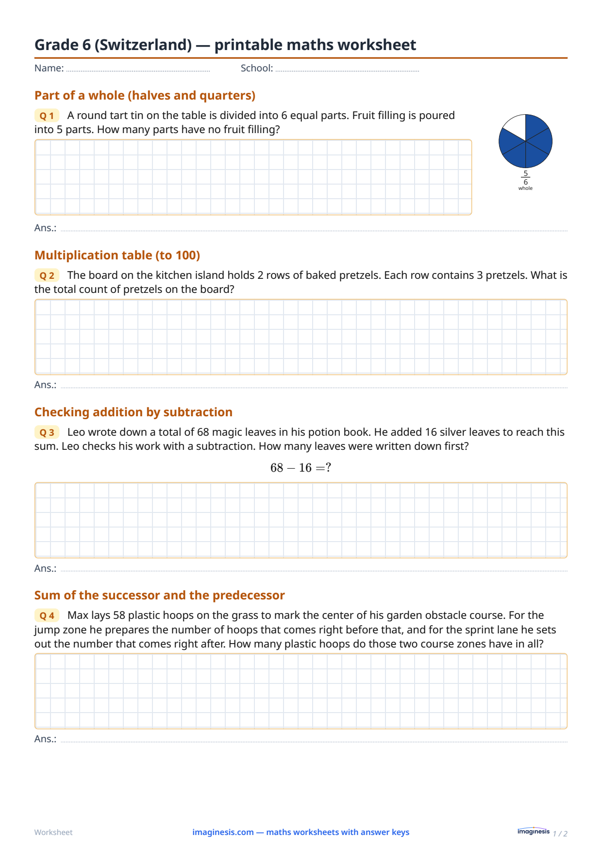 Grade 6 (Switzerland) — printable maths worksheet — Student sheet: printable maths worksheet (Grade 6, Switzerland)