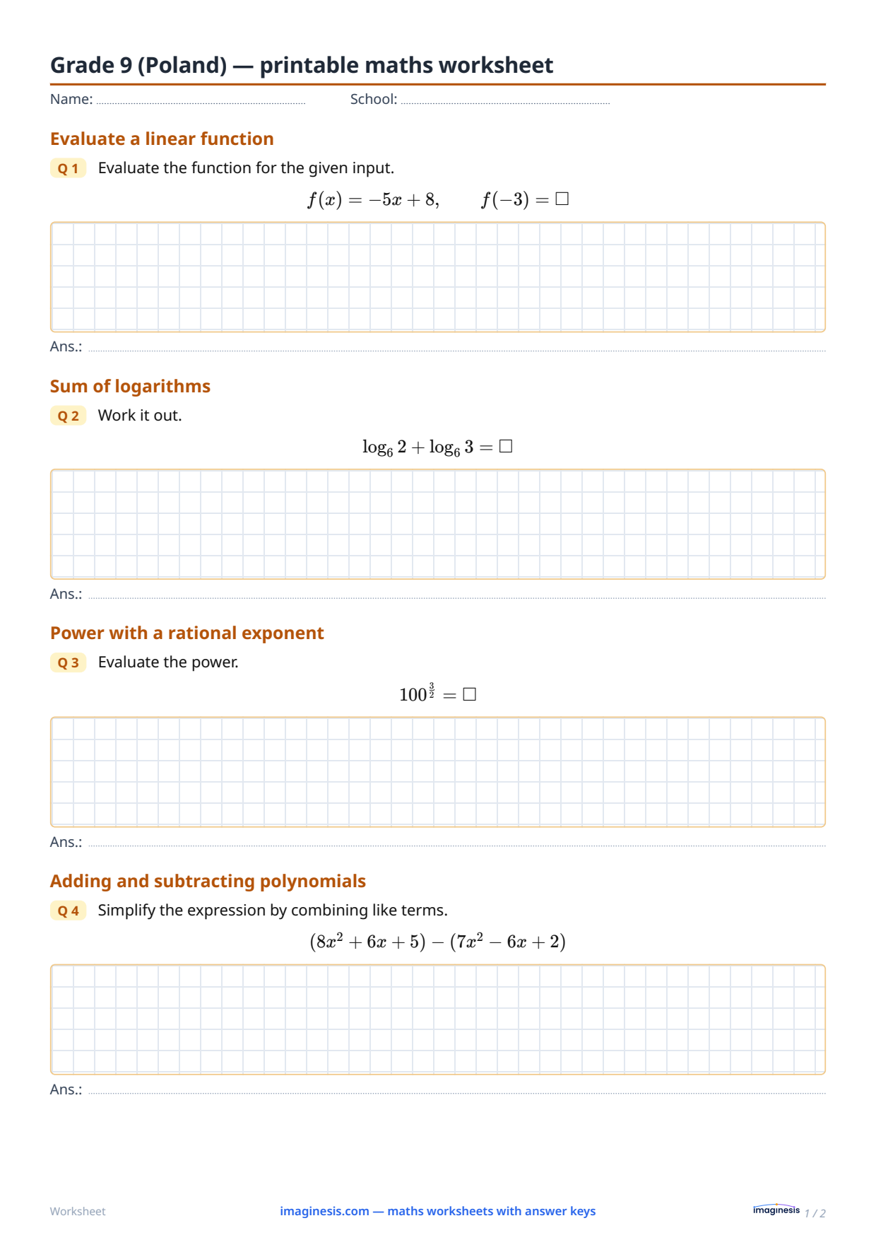 Year 1 of secondary school (Poland) — printable maths worksheet — Student sheet: printable maths worksheet (Year 1 of secondary school, Poland)
