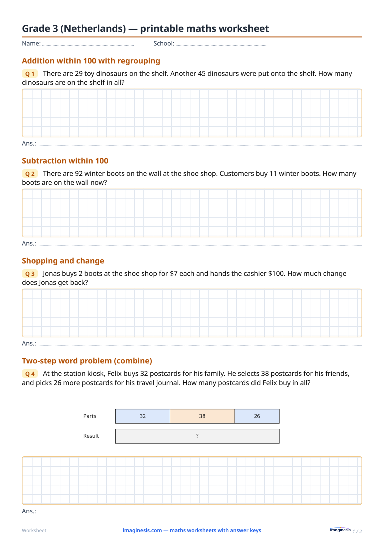 Grade 3 (Netherlands) — printable maths worksheet — Student sheet: printable maths worksheet (Grade 3, Netherlands)