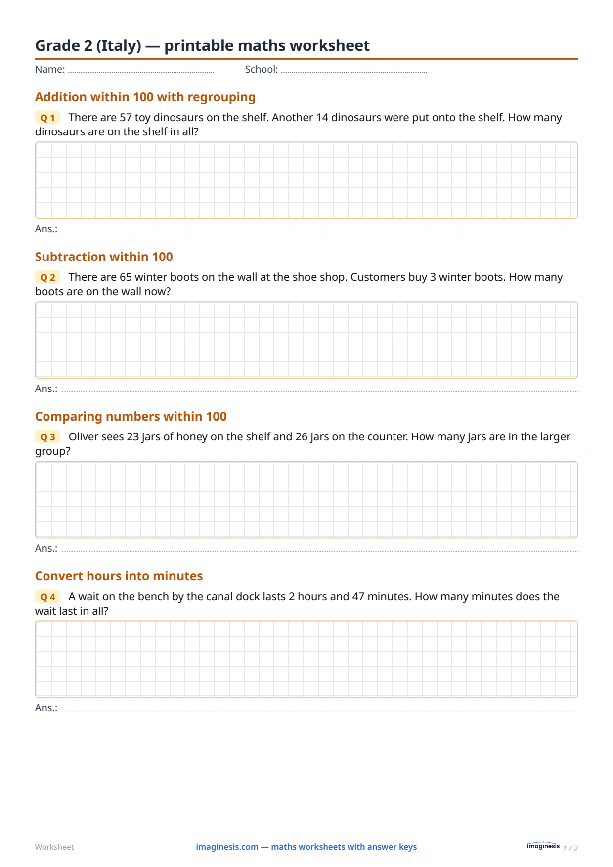 Grade 2 (Italy) — printable maths worksheet — Student sheet: printable maths worksheet (Grade 2, Italy)