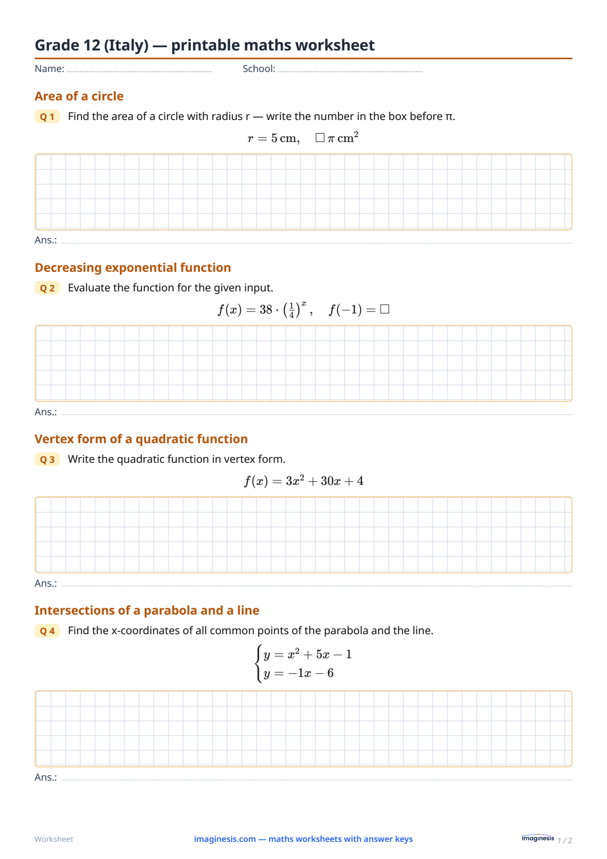 Grade 12 (Italy) — printable maths worksheet — Student sheet: printable maths worksheet (Grade 12, Italy)