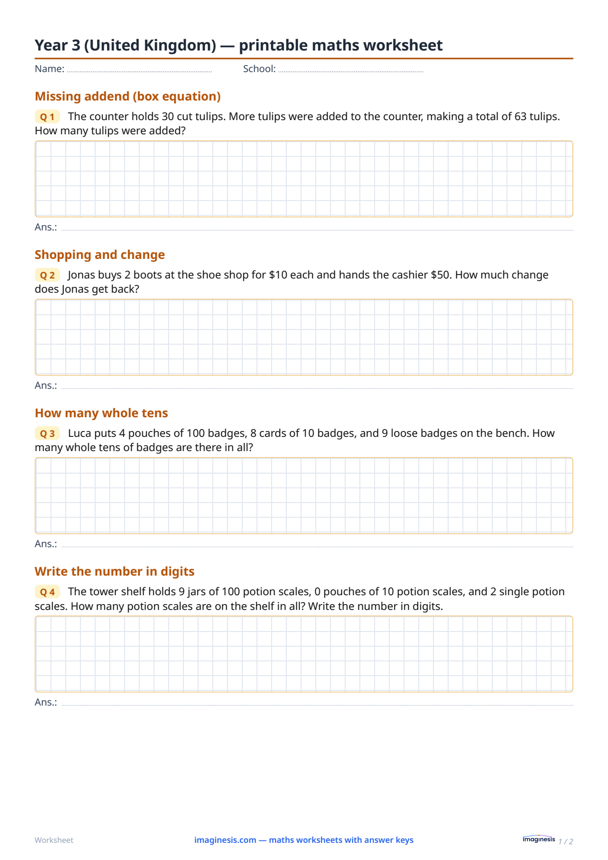 Year 3 (United Kingdom) — printable maths worksheet — Student sheet: printable maths worksheet (Year 3, United Kingdom)