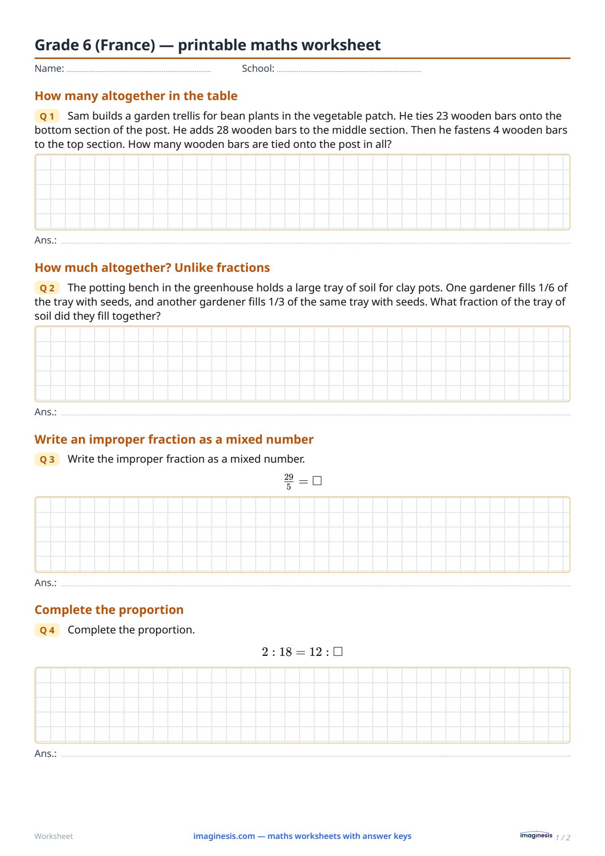 Grade 6 (France) — printable maths worksheet — Student sheet: printable maths worksheet (Grade 6, France)