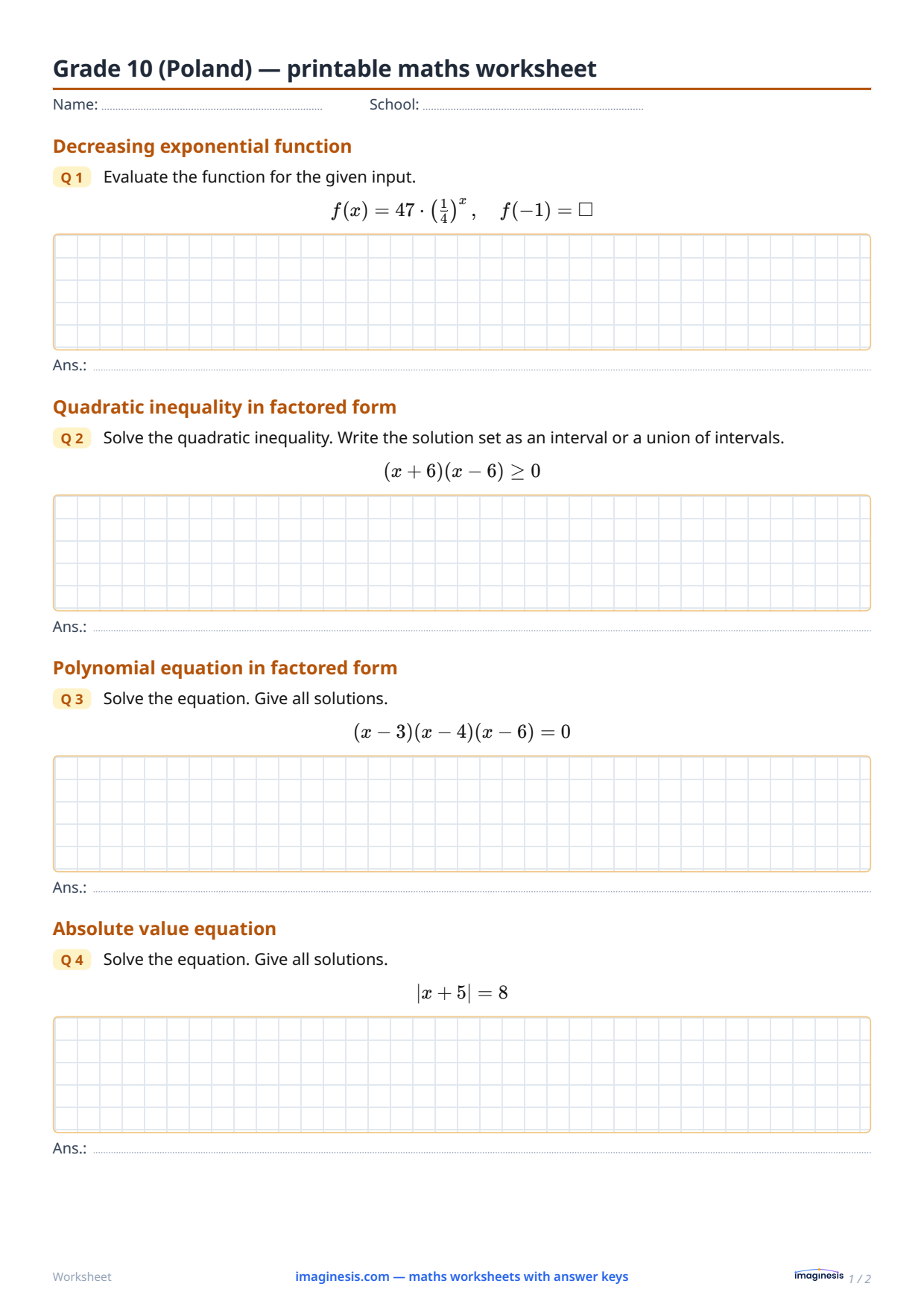 Year 2 of secondary school (Poland) — printable maths worksheet — Student sheet: printable maths worksheet (Year 2 of secondary school, Poland)